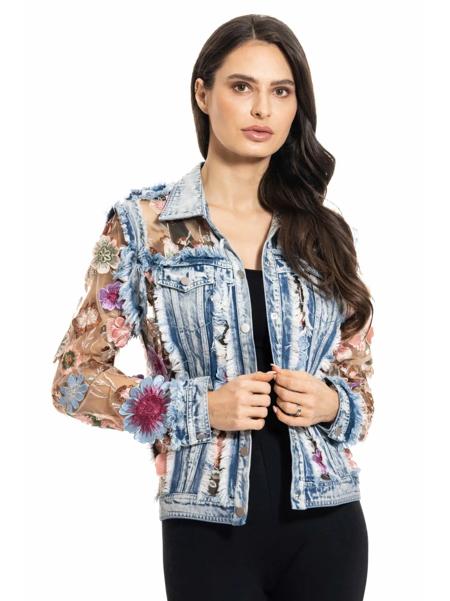 Denim and lace embroidered jacket by ADORE featuring intricate floral embroidery and stylish design.