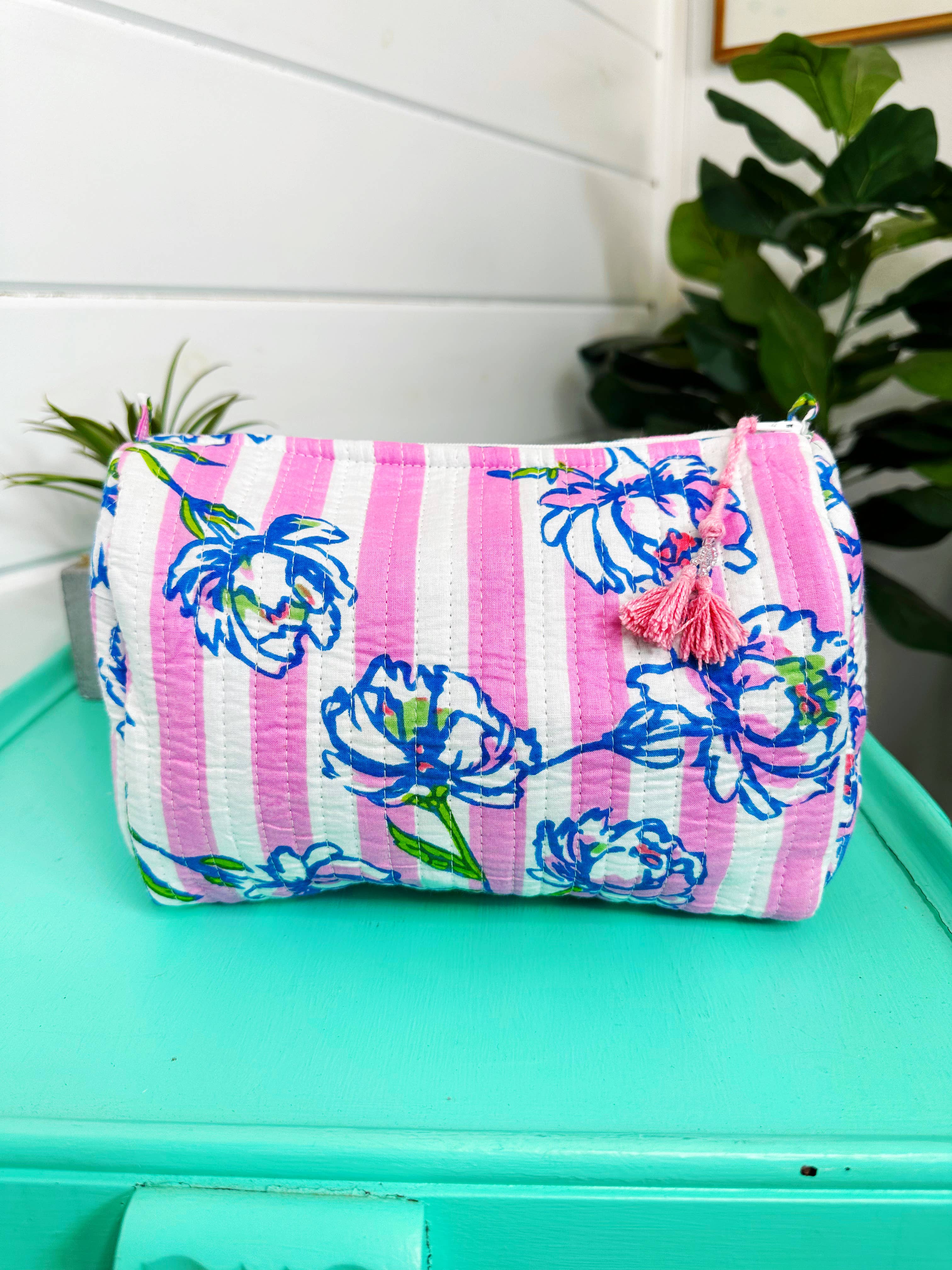 Quilted Makeup Bags | Cosmetics Bag | Peony Pink Stripe