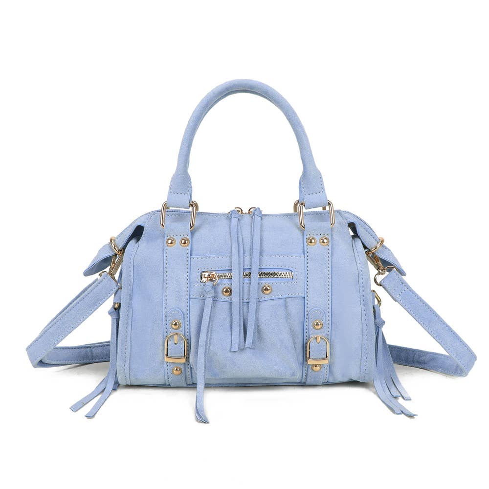 Skyla small golden suede crossbody handbag with adjustable strap and subtle branding, perfect for casual and evening wear.