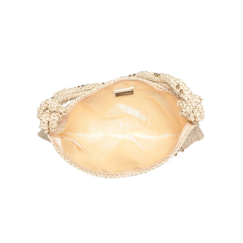 Clarissa Seasonal Straw Shoulder Bag by Urban Expressions featuring a woven straw design and a stylish shoulder strap.