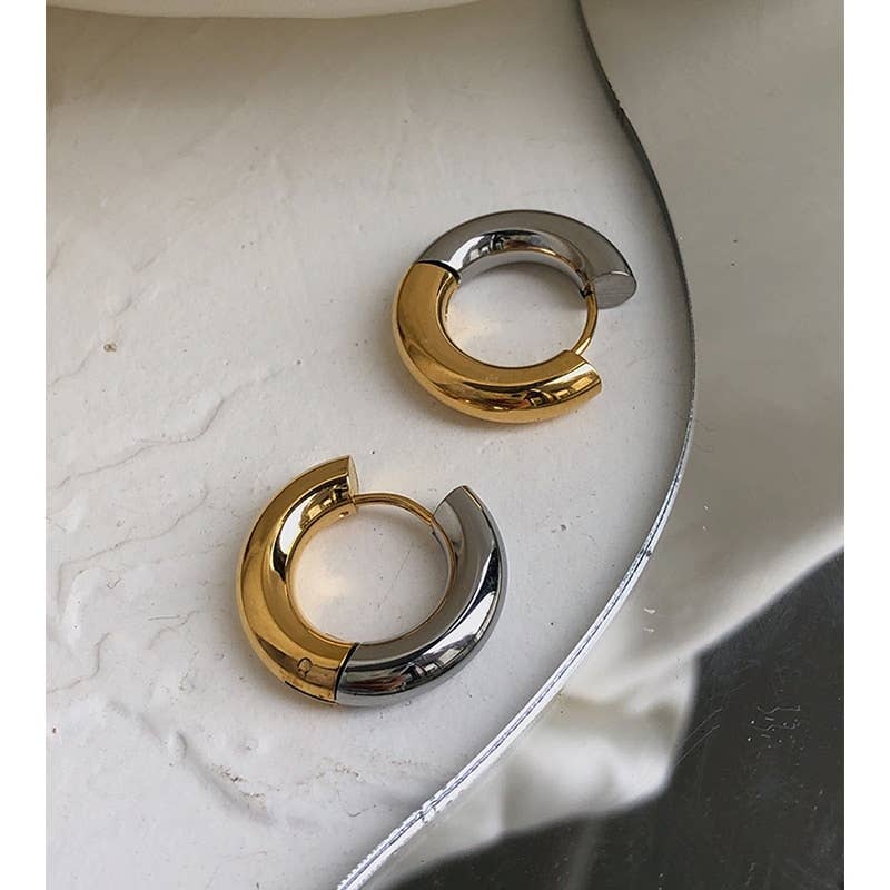 Two-tone earrings with hinge French cleat closure, showcasing a modern design and elegant color combination.