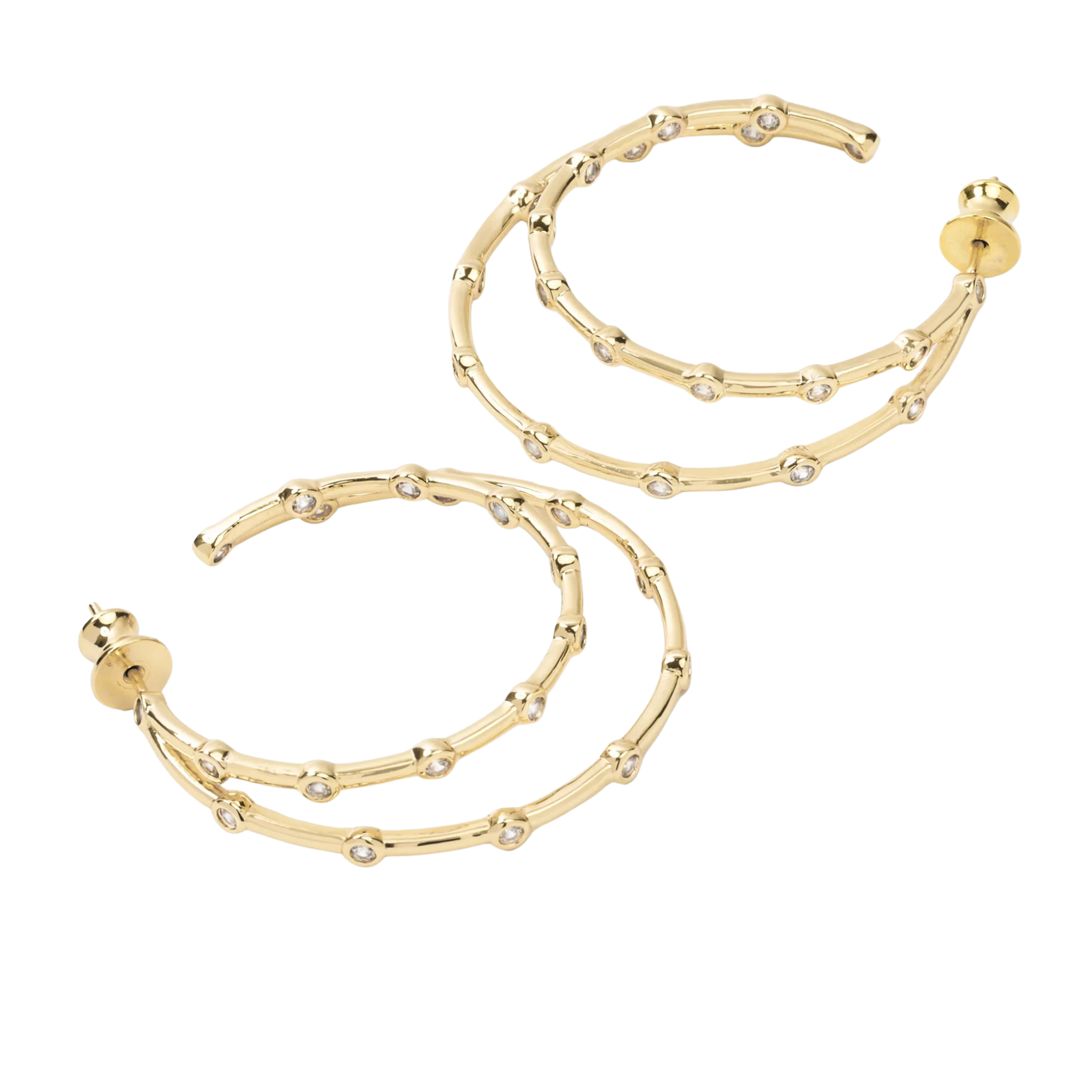 Gold Big Ass Doubled Hoop Earrings with white diamondette accents by Melinda Maria, featuring a 1.5-inch diameter.