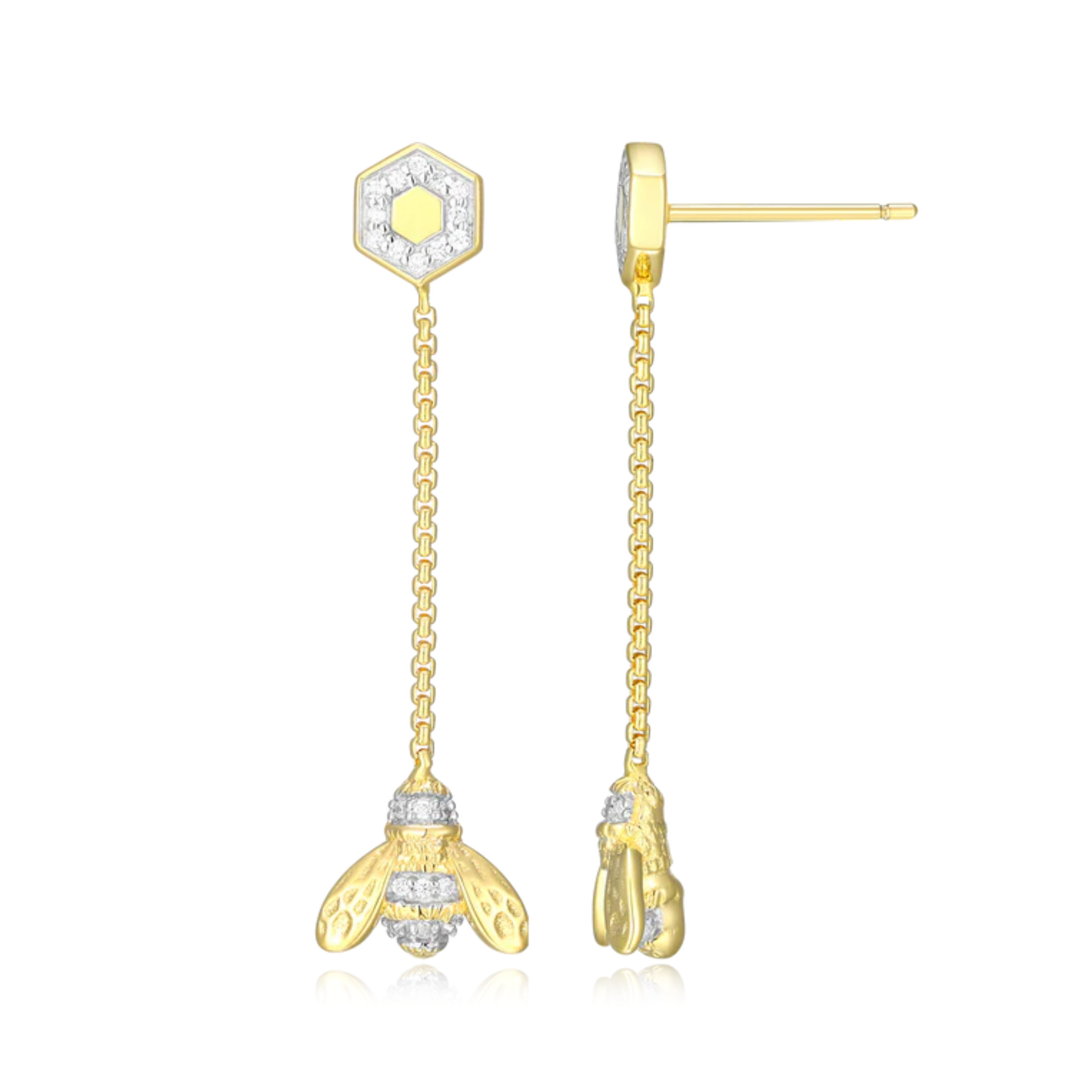 Sterling silver honey bee dangle stud earrings with 14k yellow gold plating, featuring detailed bee design.
