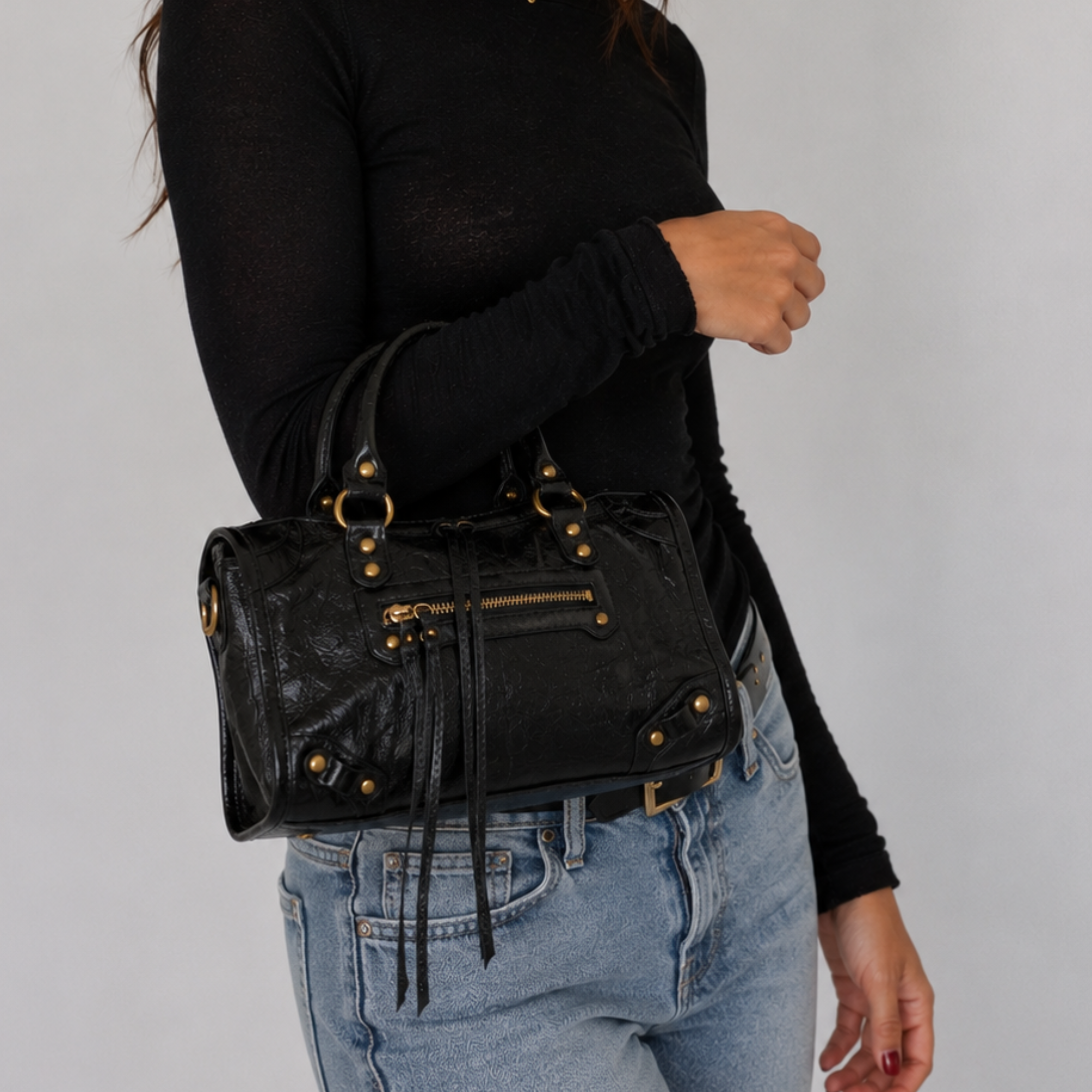 Black Moto Studded Leather Satchel Crossbody Bag