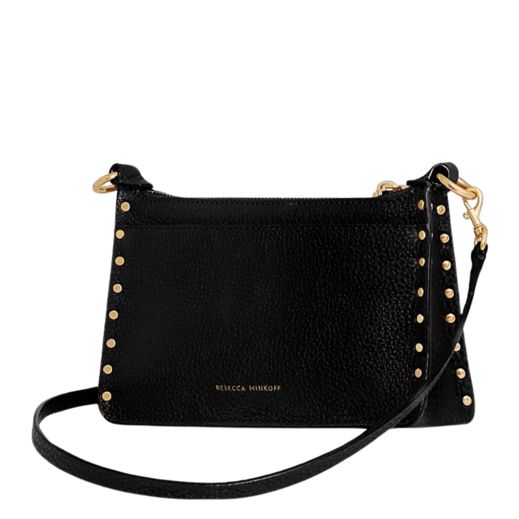 Rebecca Minkoff Darren Mini Top Zip Crossbody in black leather with a sleek design and adjustable strap.