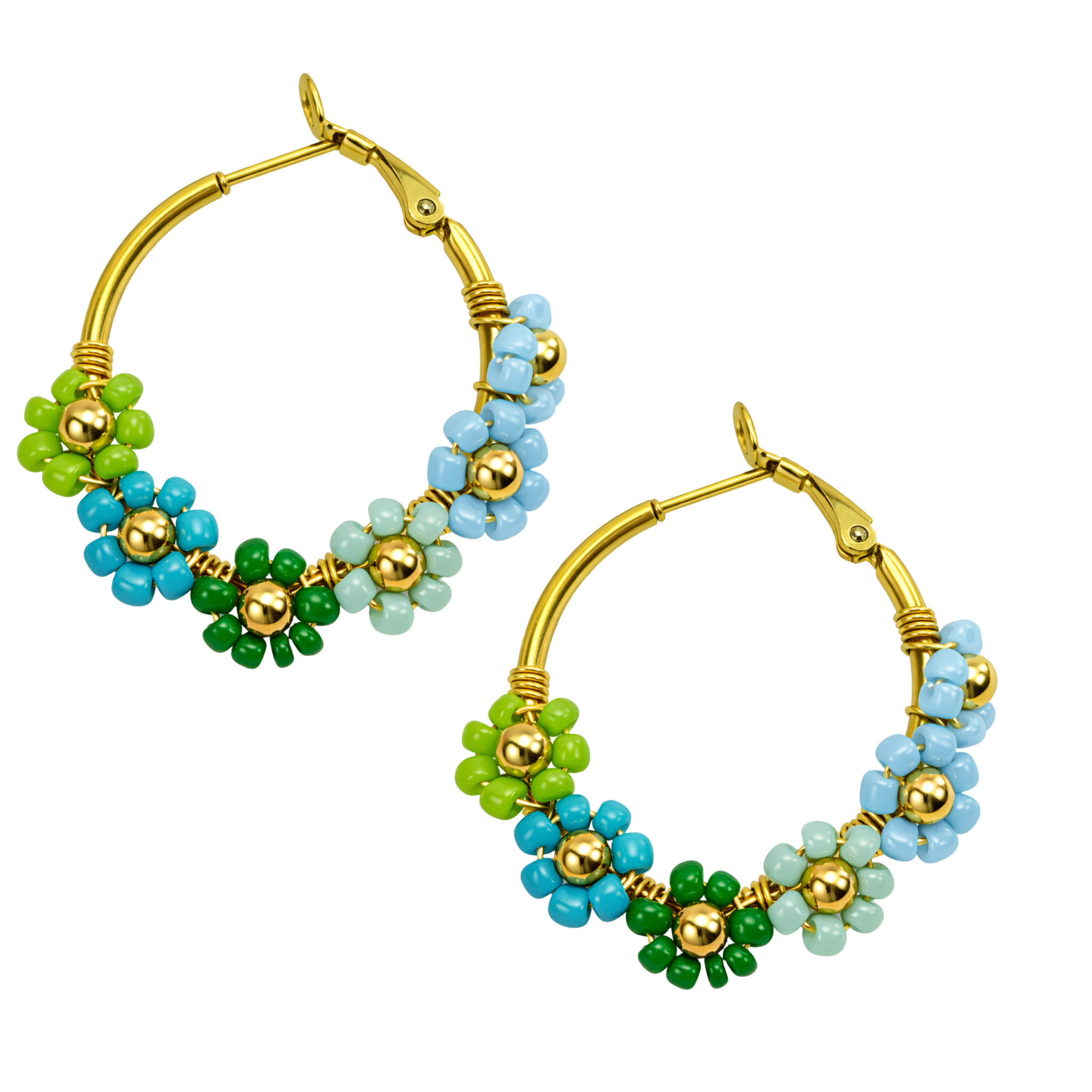 Gemelli floral hoop earrings featuring delicate flower designs on gold-tone hoops for a stylish accessory.