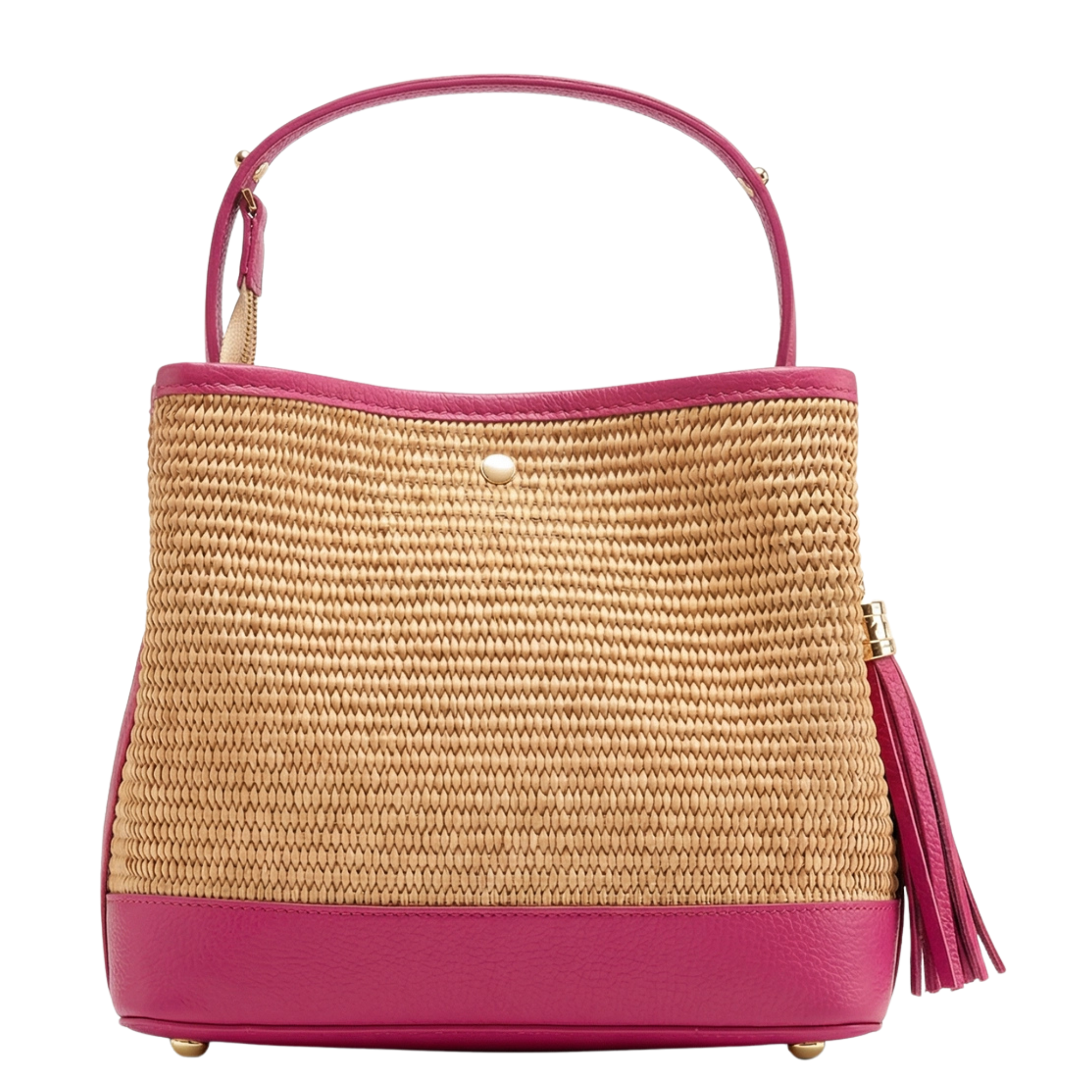 Private label raffia handbag with genuine leather accents, featuring a woven texture and stylish design for everyday use.