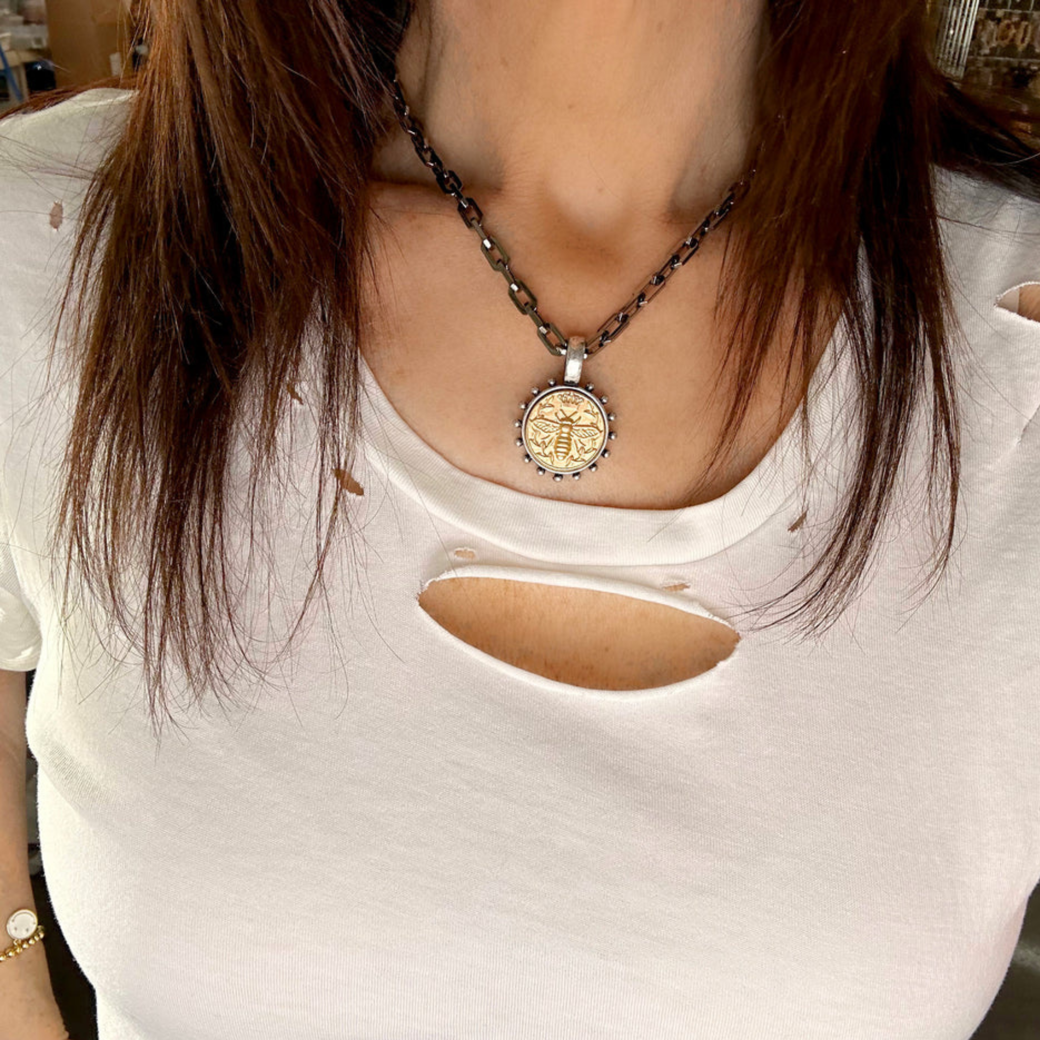 Dakota Queen Bee Coin Necklace by Love Lisa featuring a detailed bee pendant on a delicate chain.