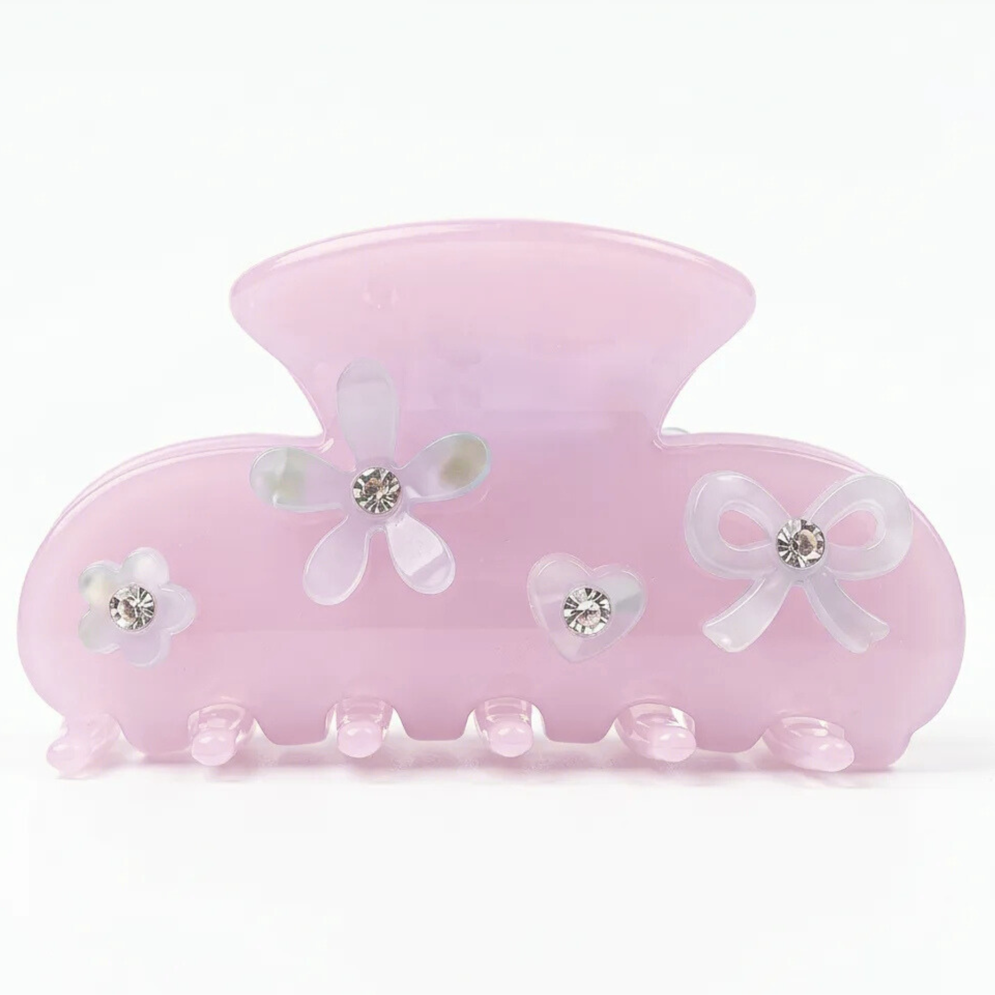 Private label rhinestone flower heart bow hair clip with sparkling rhinestones and decorative floral and heart design.