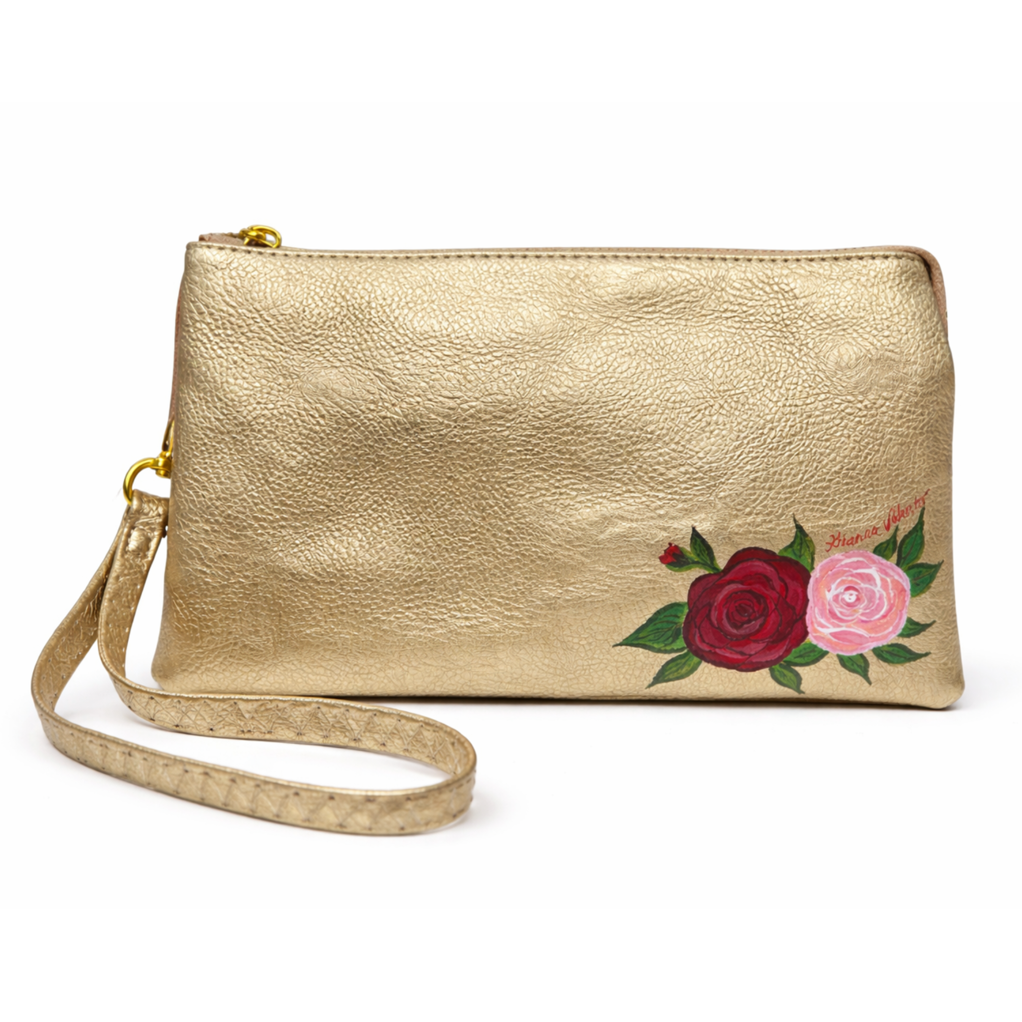 Hand-painted wristlet from Gianna Valente x Lets Bag It collection, featuring vibrant floral artwork and a sleek design.