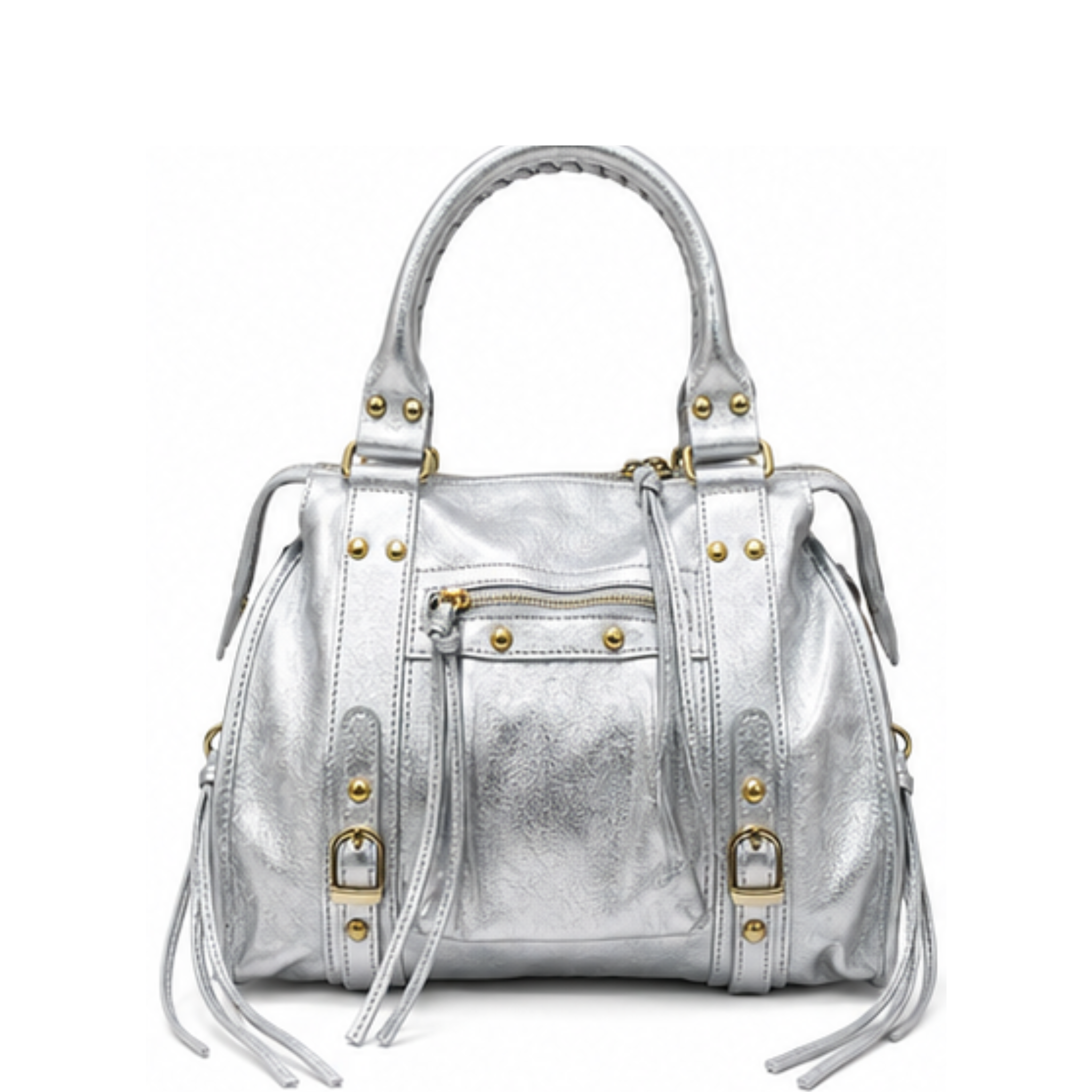 Metallic Moto Fringe Satchel Handbag