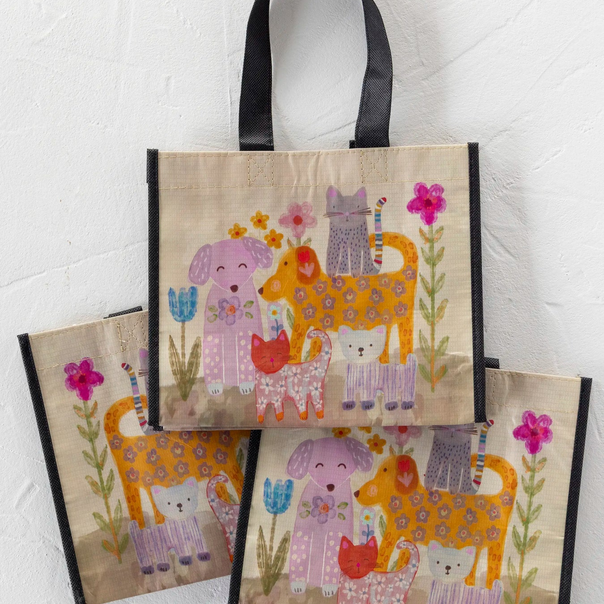 Set of three Natural Life medium tote bags with colorful designs, perfect for everyday use and casual outings
