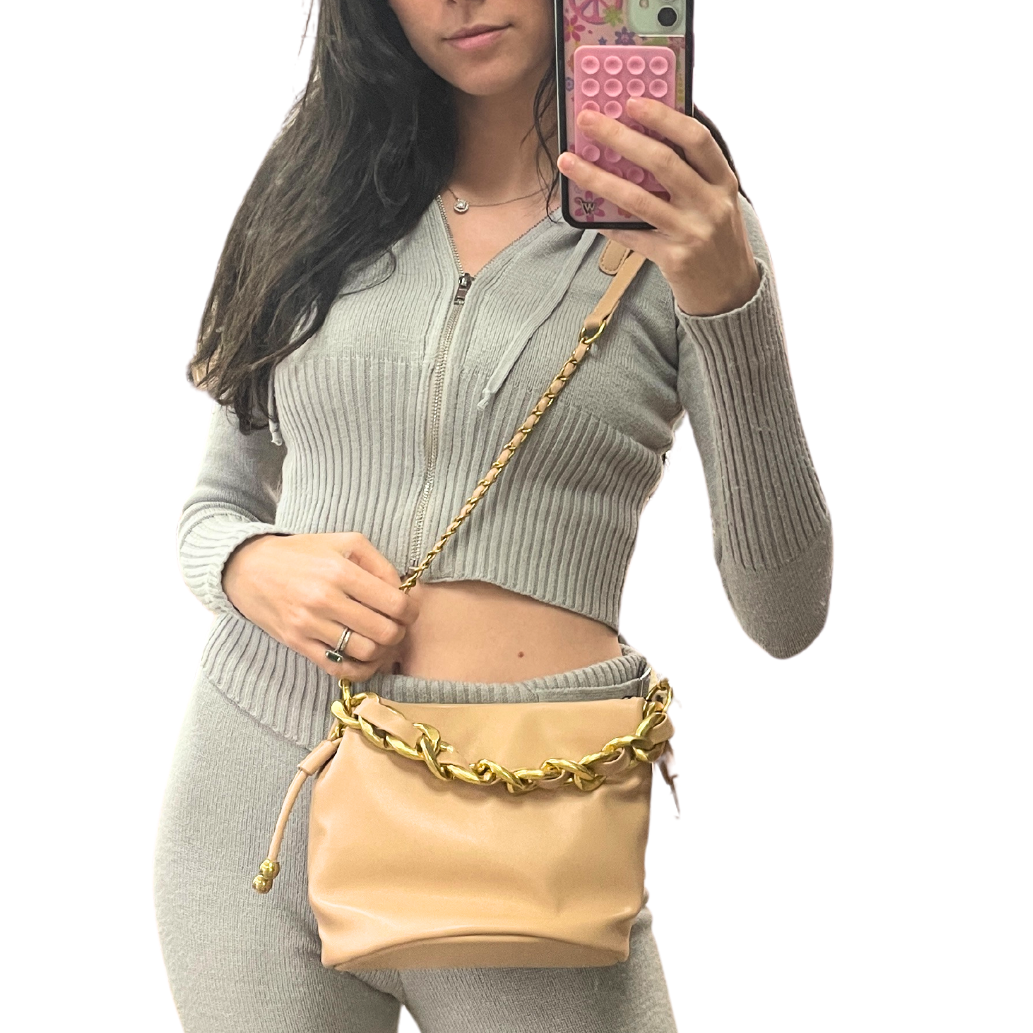 Private label Gabriel drawstring crossbody handbag with adjustable strap and compact design for stylish everyday use.