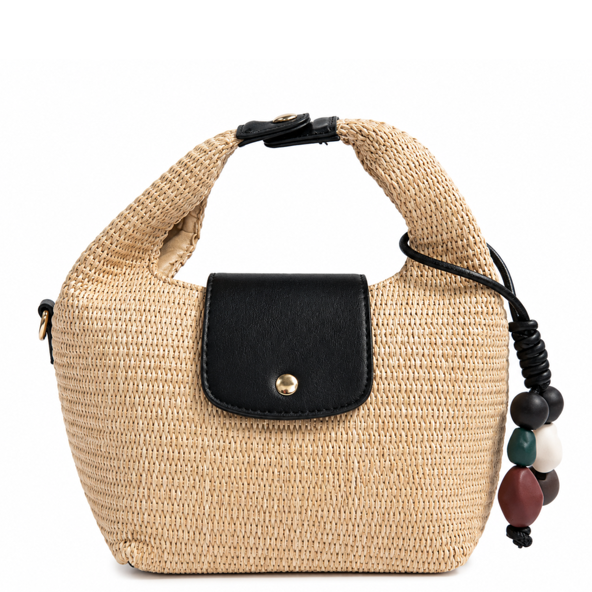 AHDORNED Courtney Raffia Crossbody Bag with woven straw design and adjustable leather strap on a neutral background.