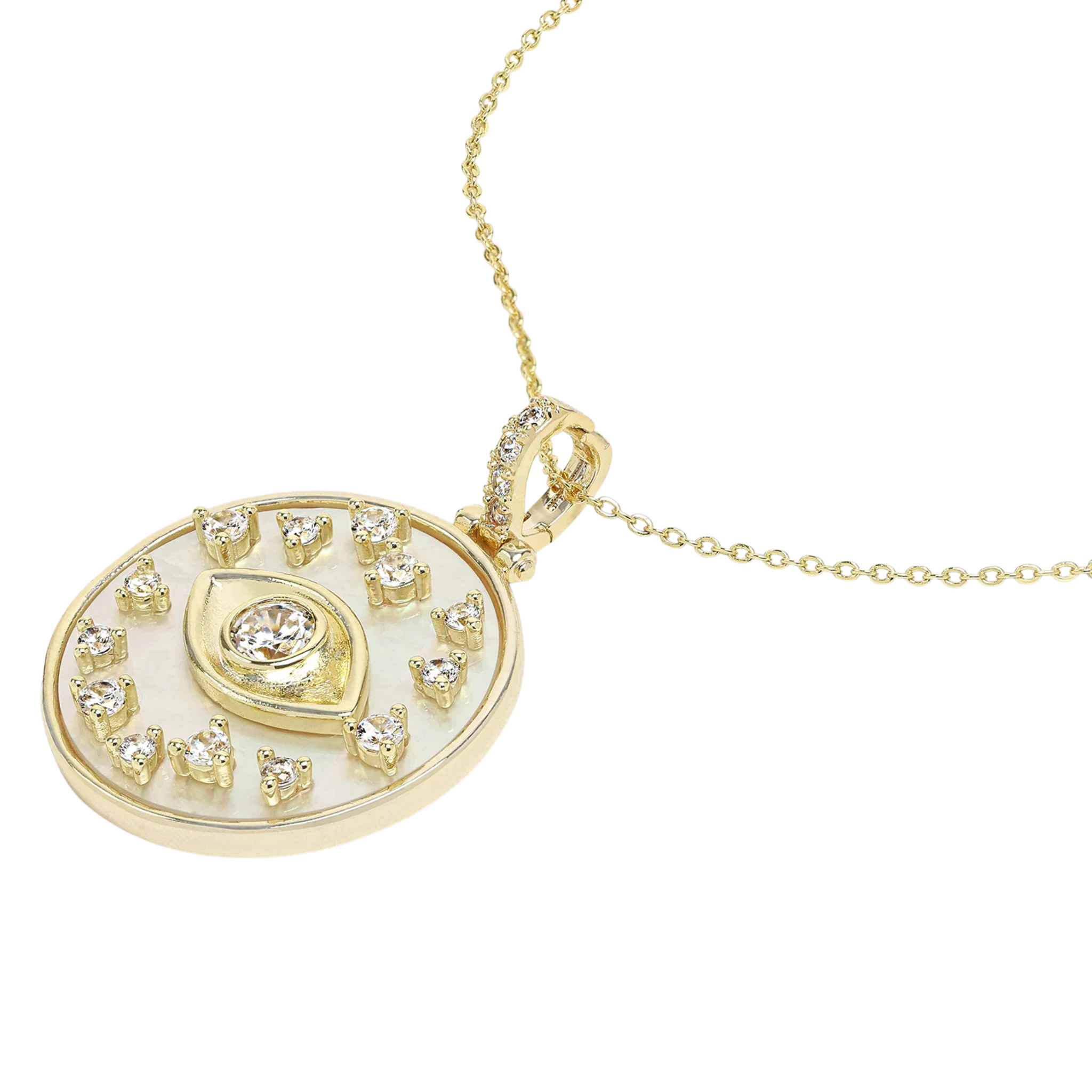 Gold Evil Eye medallion necklace with white diamondettes by Melinda Maria, featuring a delicate chain and intricate design.