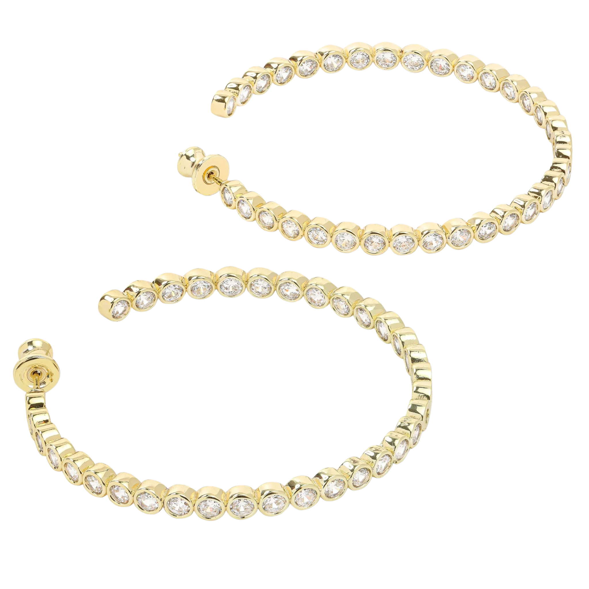 Gold Baroness Hoops 2-inch earrings by Melinda Maria, featuring white diamondette accents and a stylish hoop design.