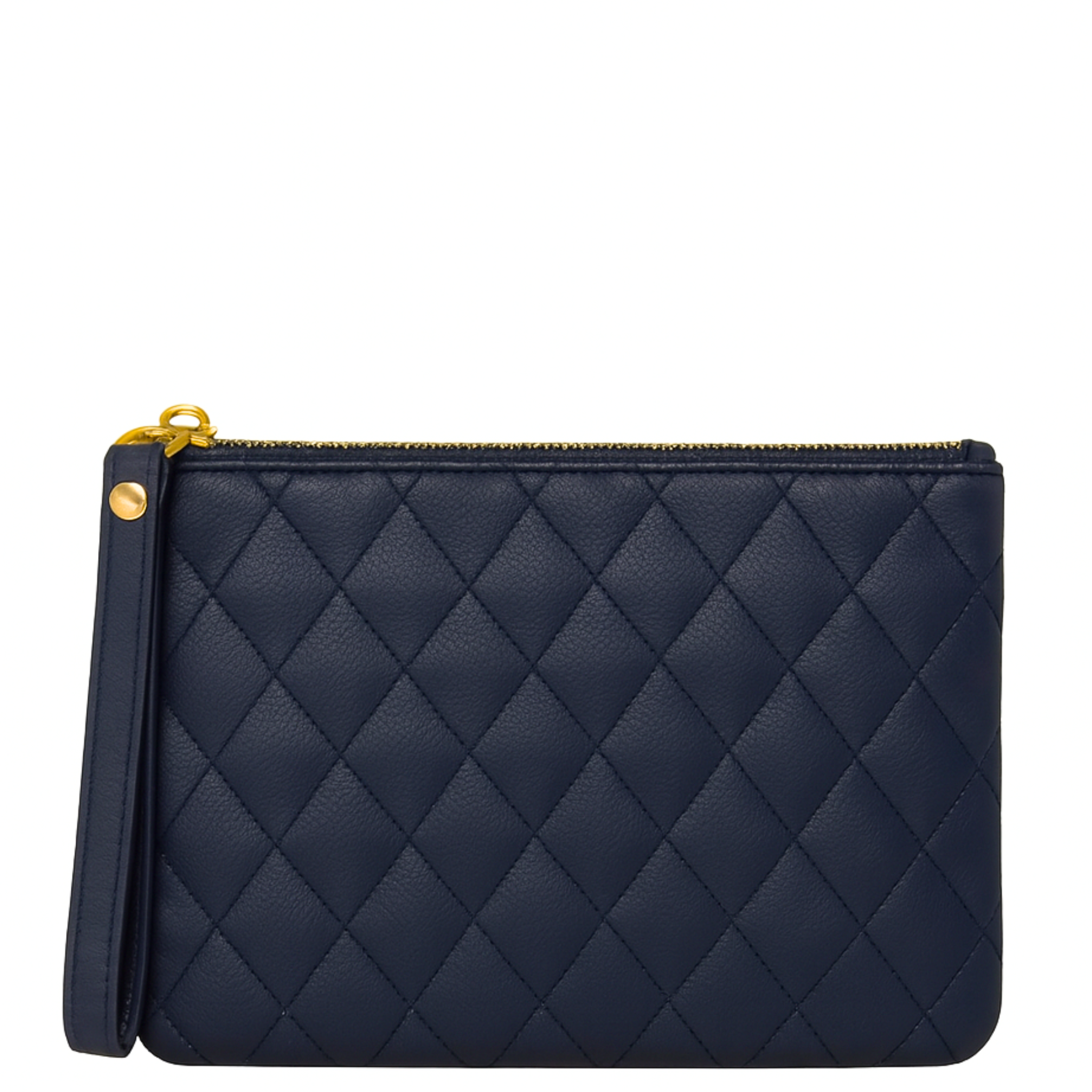 Leather wristlet clutch by Laggo in a stylish design with a zipper closure and a detachable wrist strap.