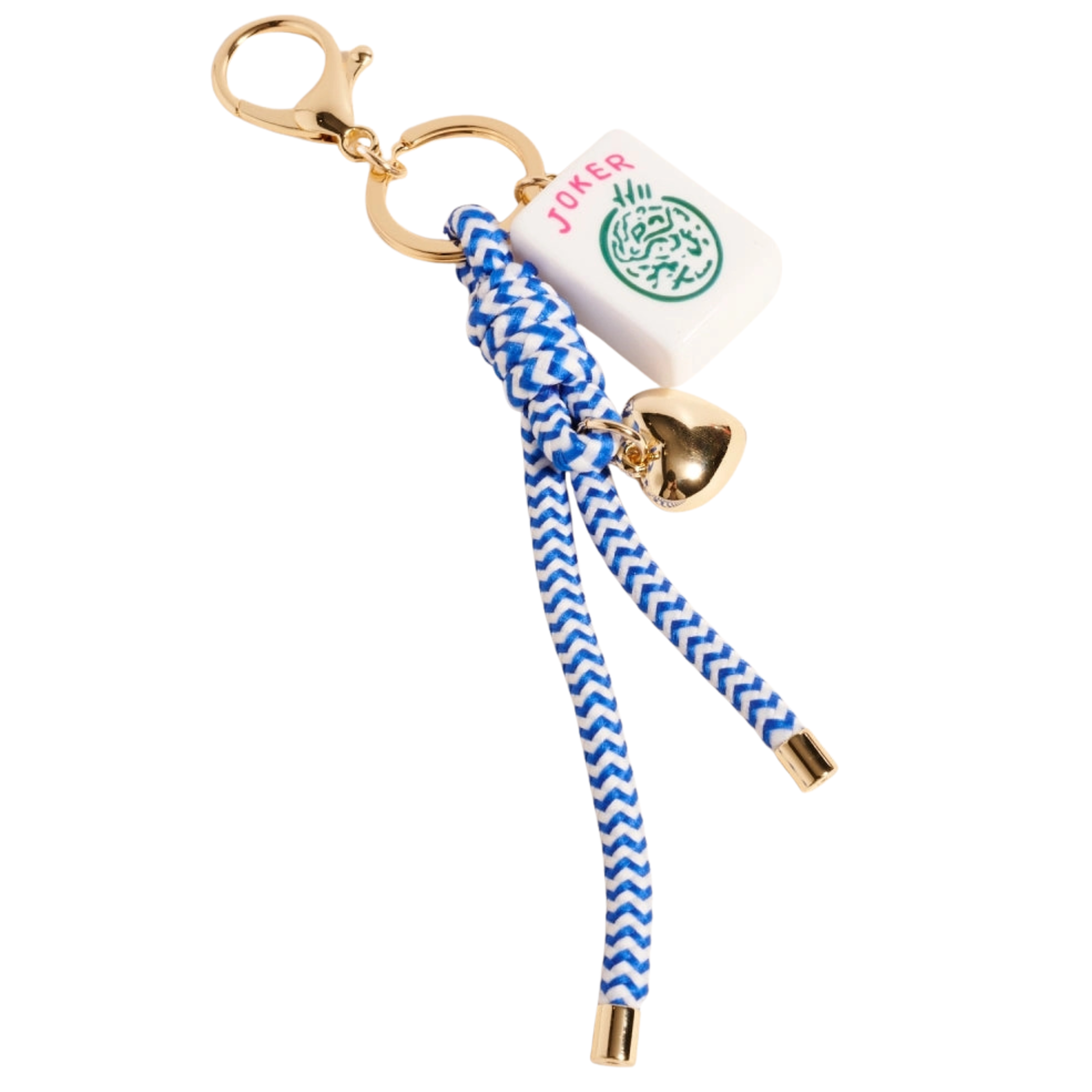 Private label Mahjong tile puffy heart cord keychain and bag charm with colorful tile design and heart-shaped puffed detail.