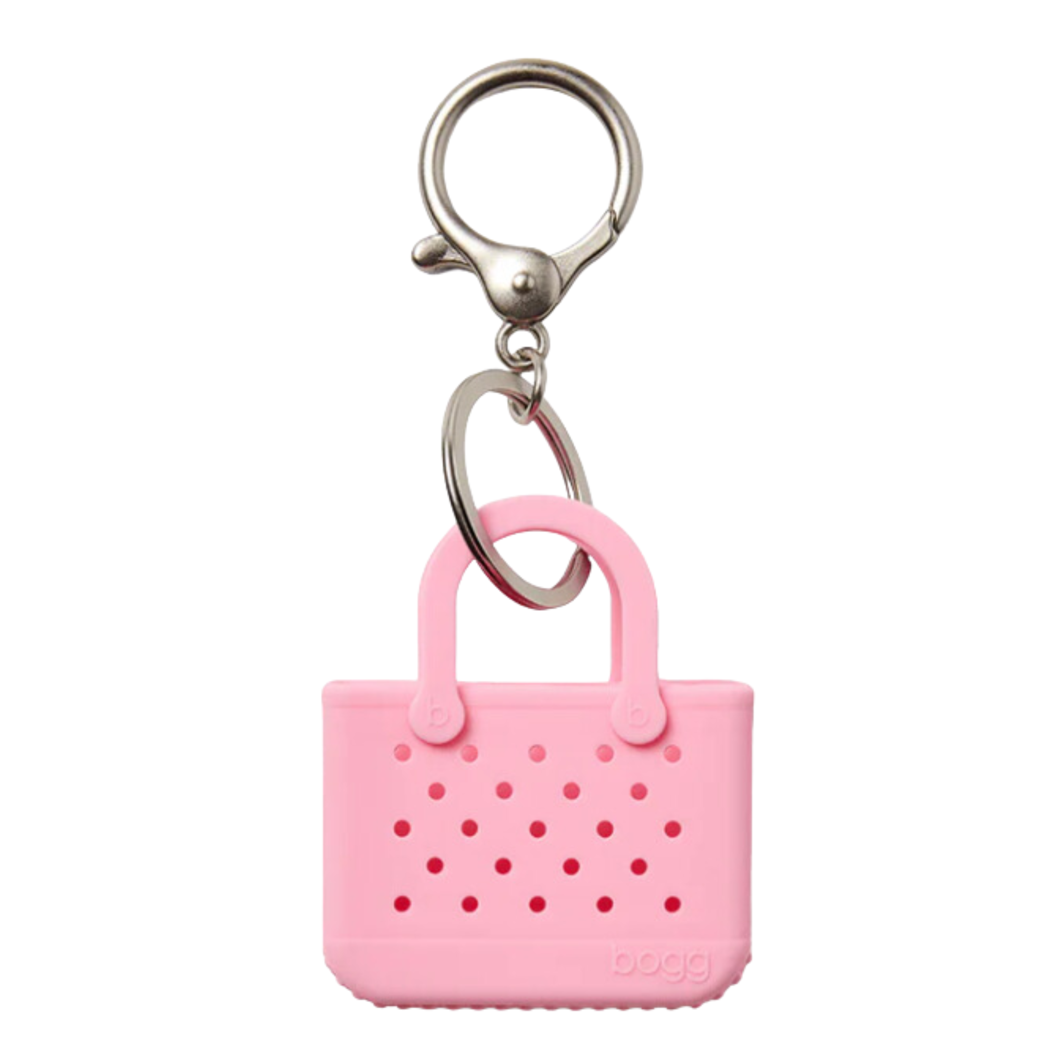 Small BOGG BAGS Tiny Tote key chain featuring a miniature tote bag with BOGG BAGS branding and a metal key ring attachment.