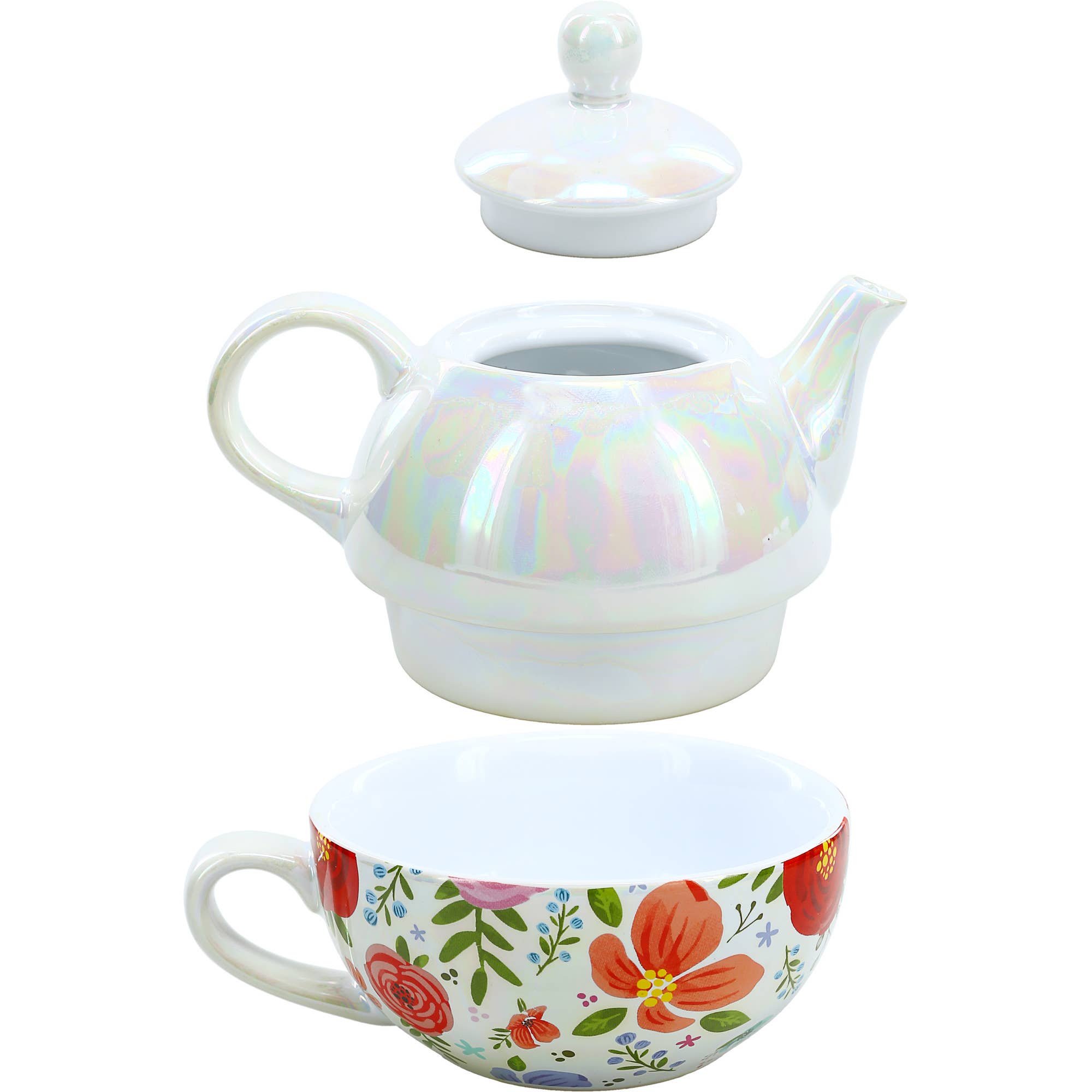 Pavilion Mom Tea for One set featuring a 14.5 oz teapot and 10 oz cup with a floral design on a white background.