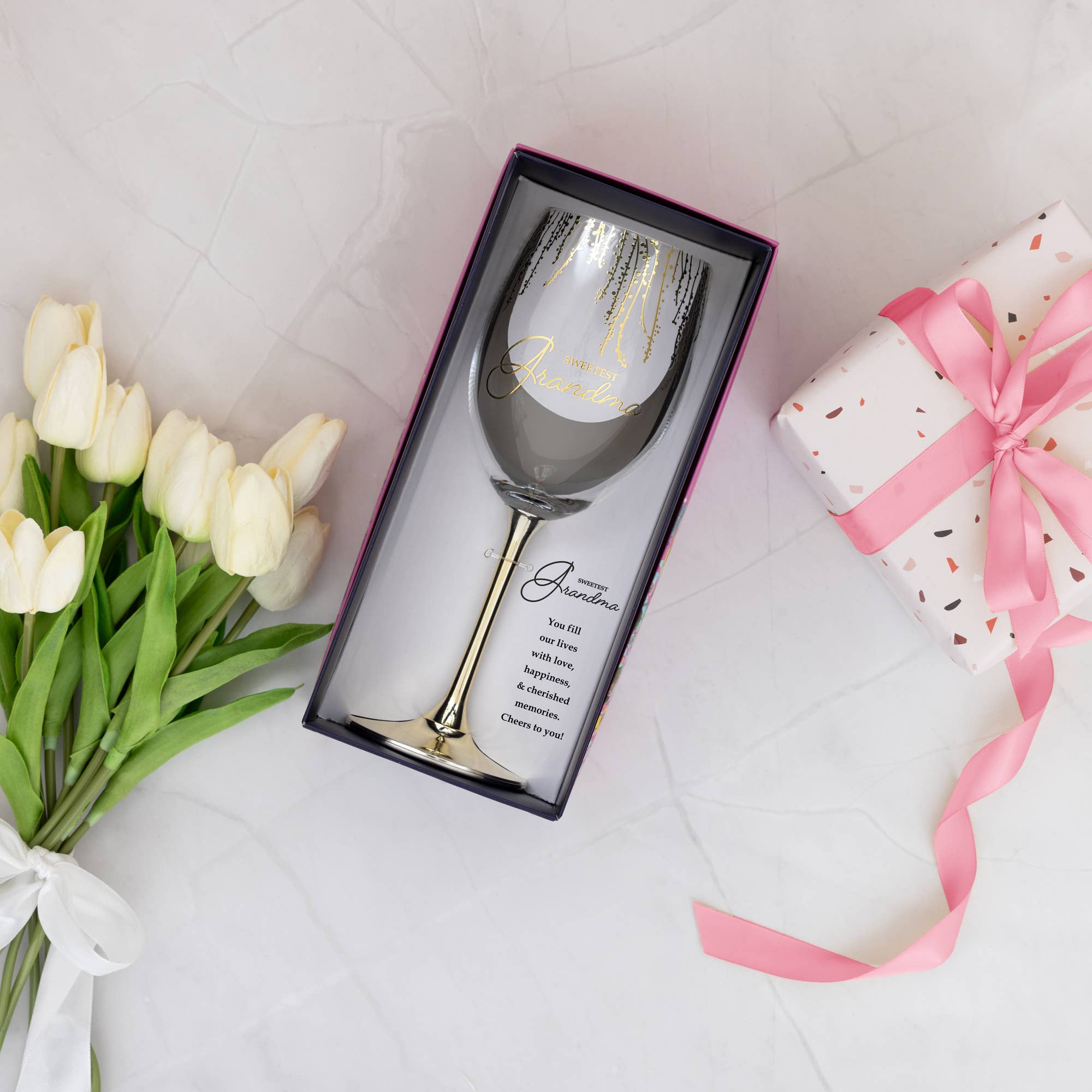 Pavilion 19 oz crystal wine glass in a gift box, elegantly designed for Grandma, showcasing its clear, reflective surface.