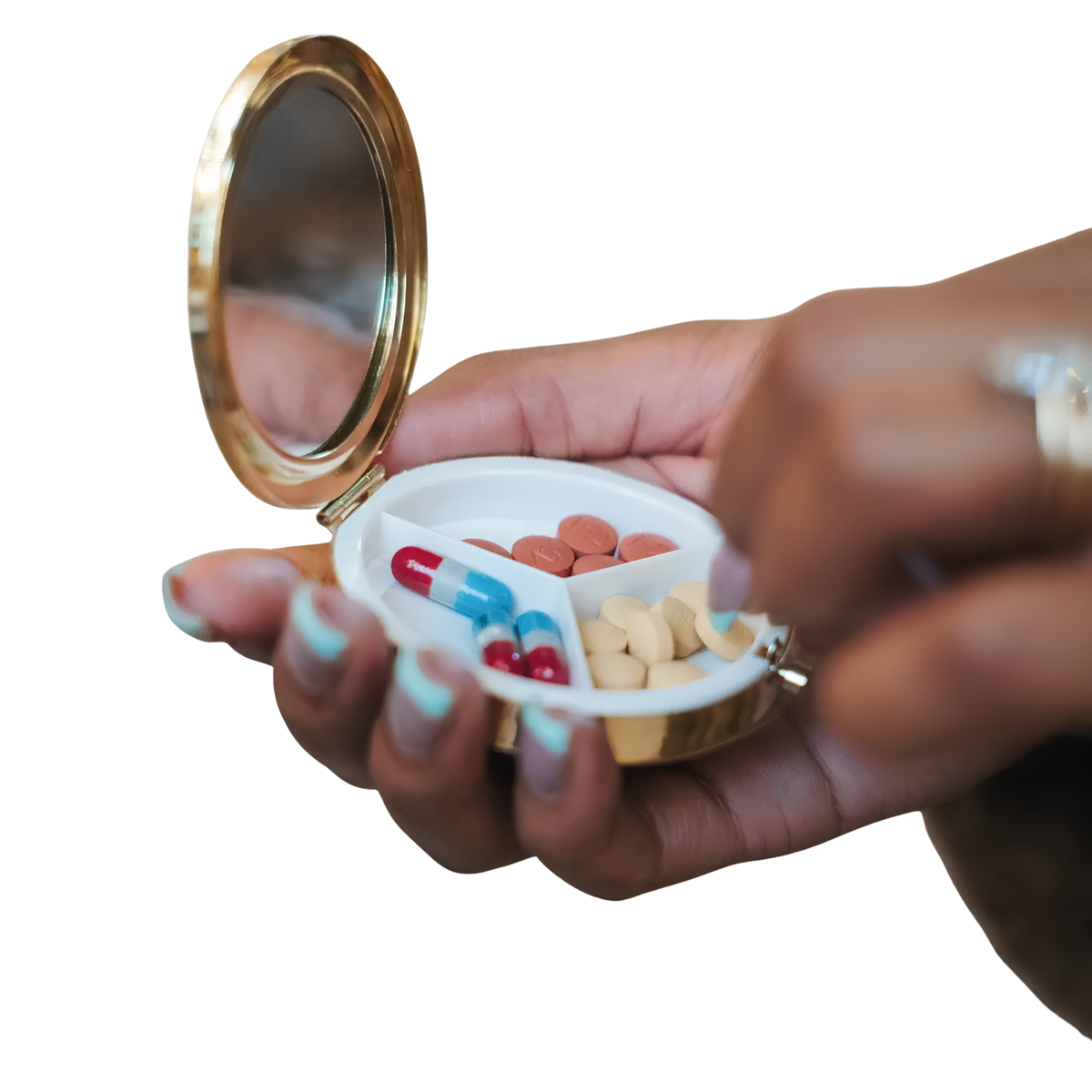 Solar Eclipse hand-painted caviar leather mirror compact featuring a hero pill design, compact with a reflective surface.