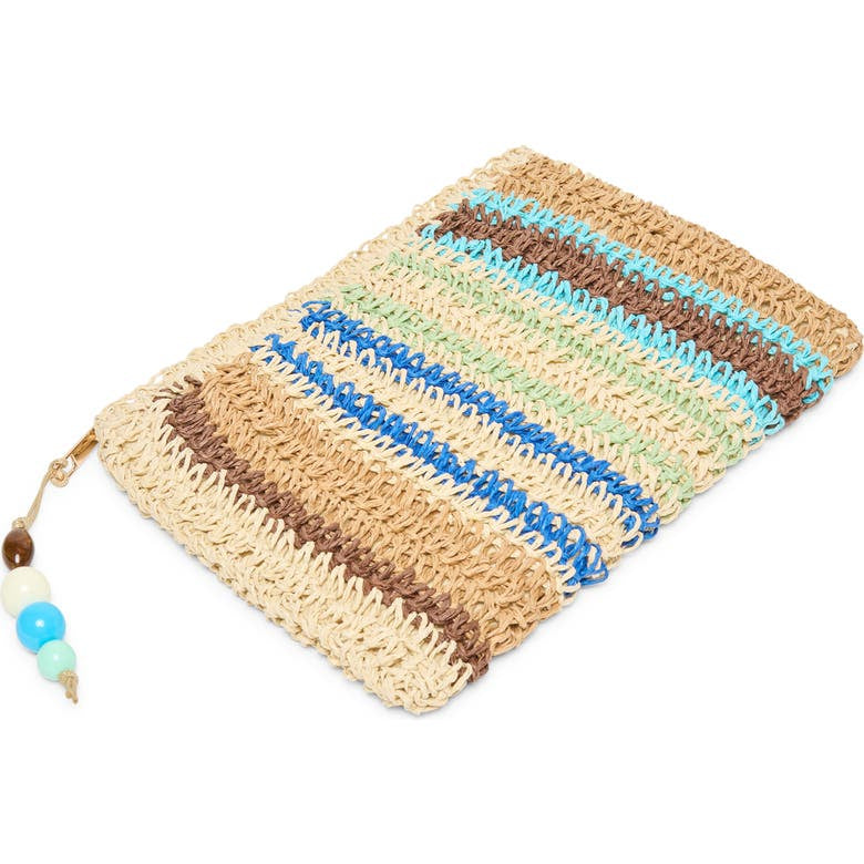 Dolce Vita Astra blue and multi-color pouch with zipper closure, featuring vibrant, patterned fabric design.