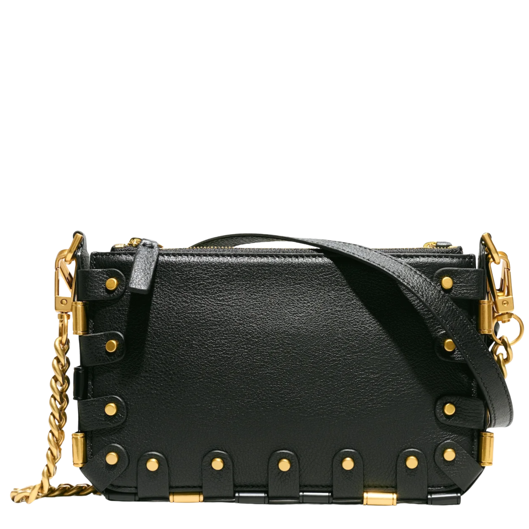 RAPT The Rapture Crossbody Bag in black leather with adjustable strap and zipper closure, displayed on a white background.