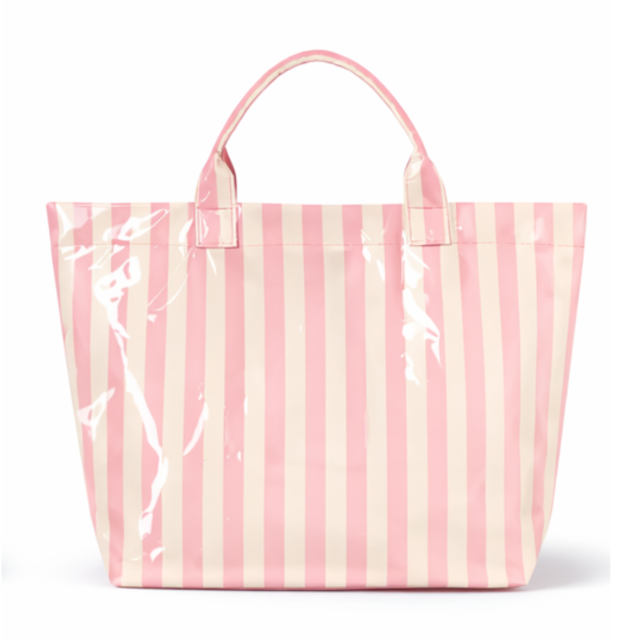 Striped waterproof beach bag by Private Label showing colorful striped fabric and sturdy handles for beach outings