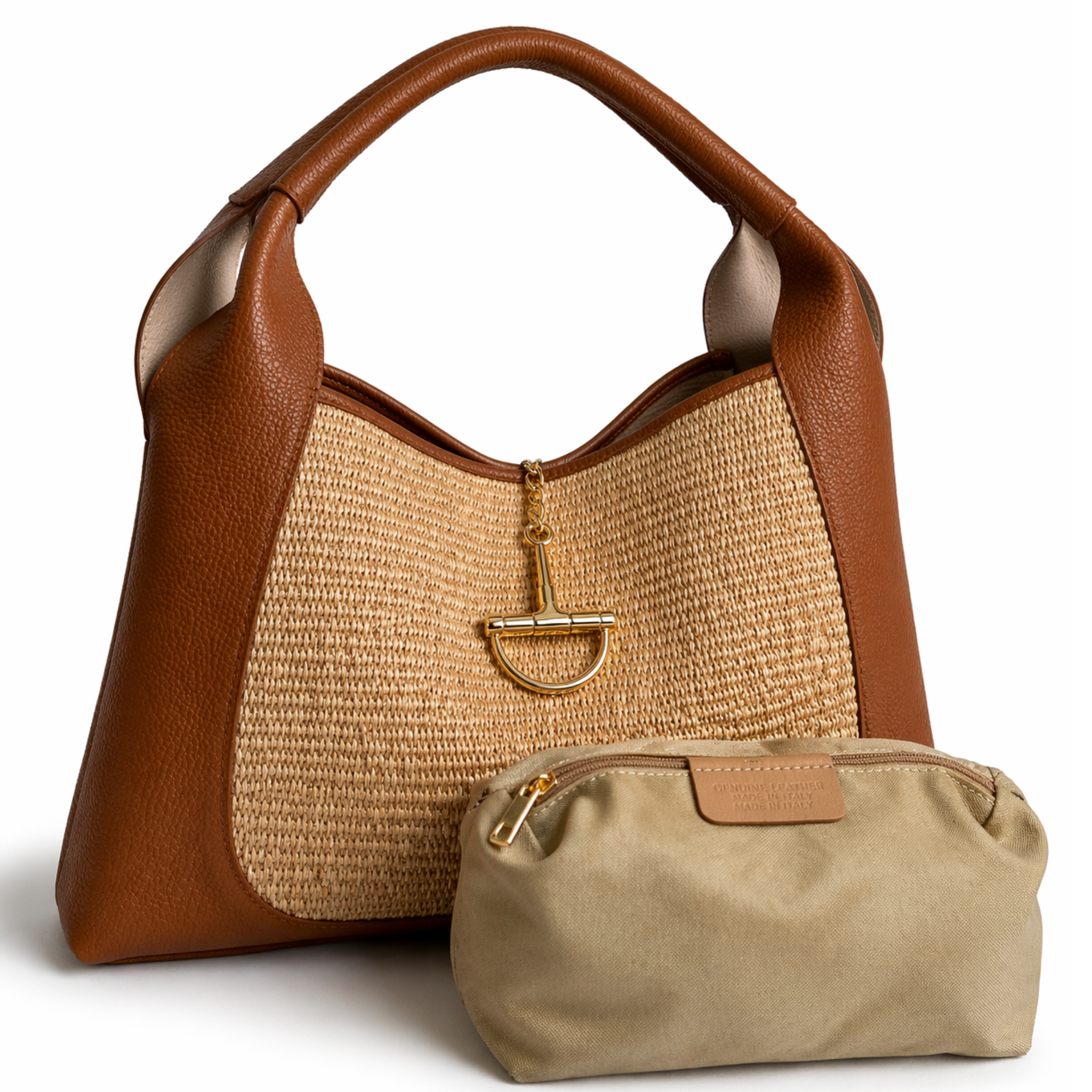 Private label Riviera Tote handbag with woven straw design, leather handles, and spacious interior for stylish everyday use.