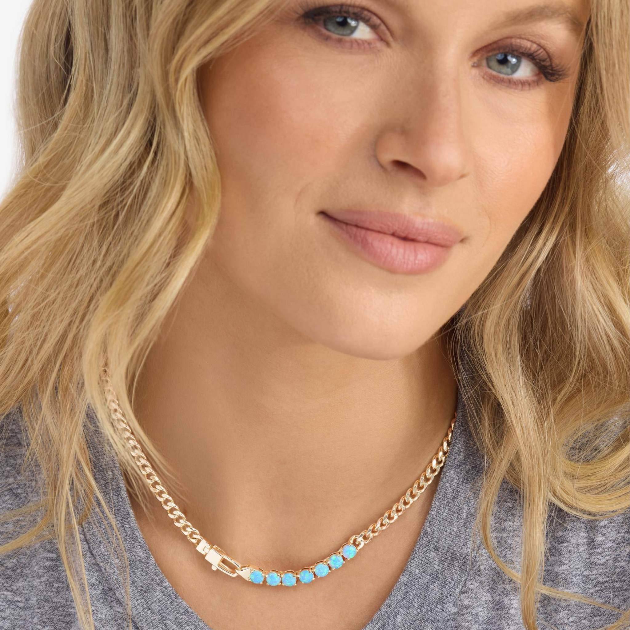 Melinda Maria Julian Loves Opals Necklace with 5mm gold chain and blue opal gemstones, elegant jewelry for women.