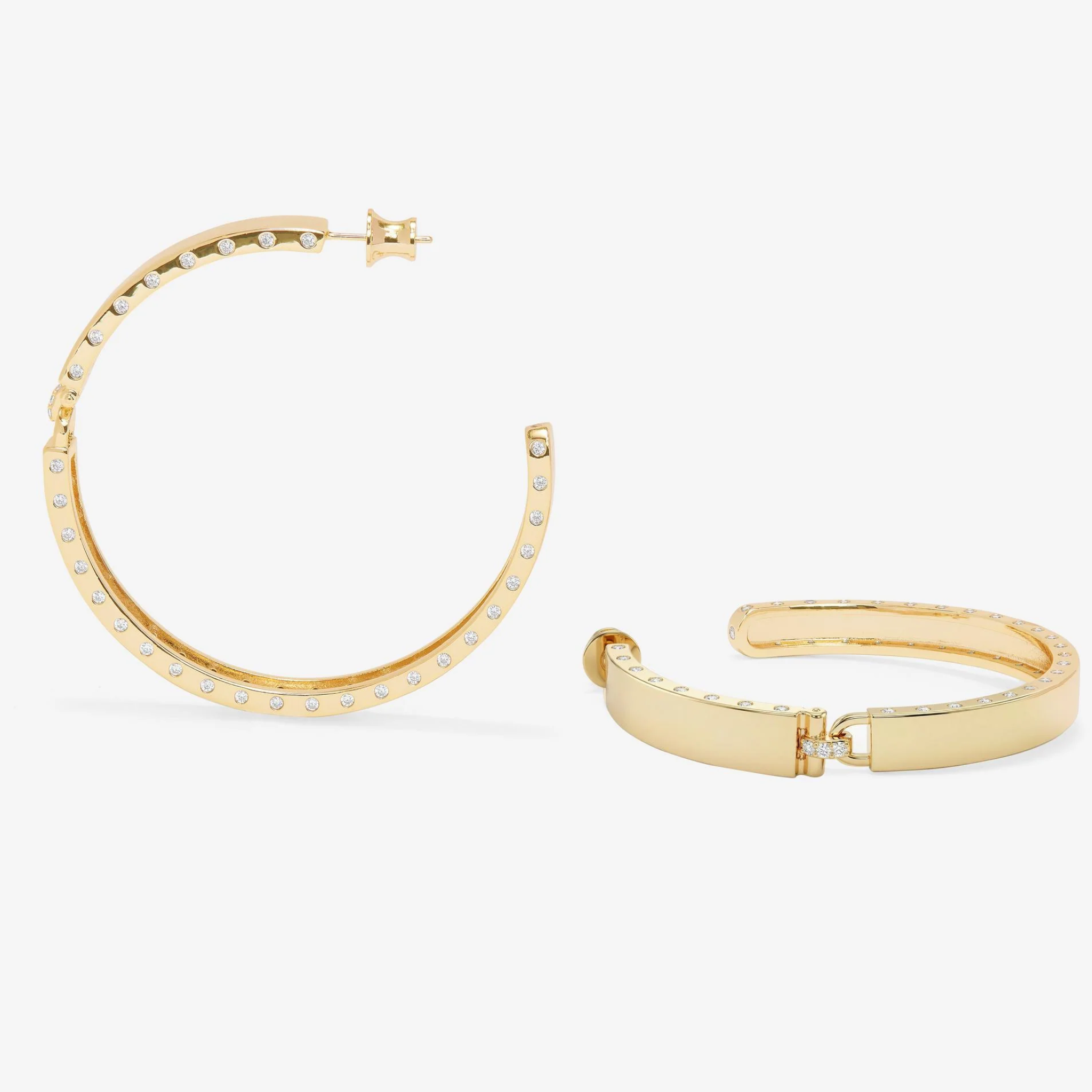 Gold Ashley Lock Hoops 2-inch earrings by Melinda Maria featuring white diamondette accents and a secure lock closure.
