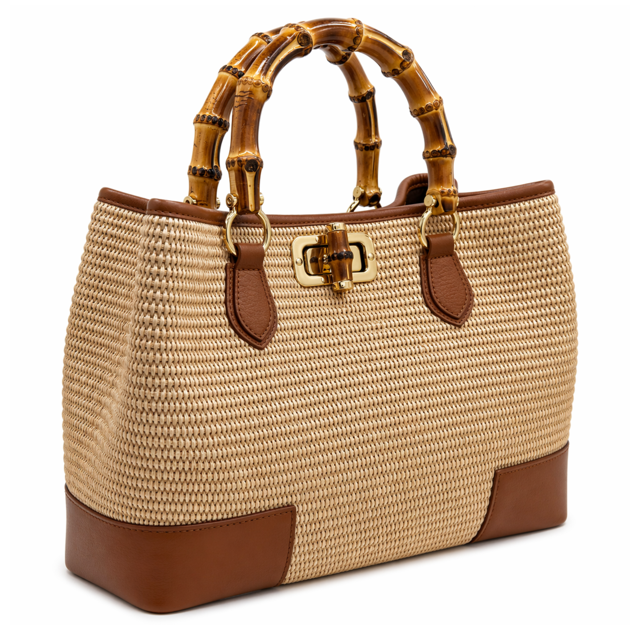 Private label Sorrento bamboo tote bag with natural woven bamboo design and sturdy handles, ideal for casual or beach use.
