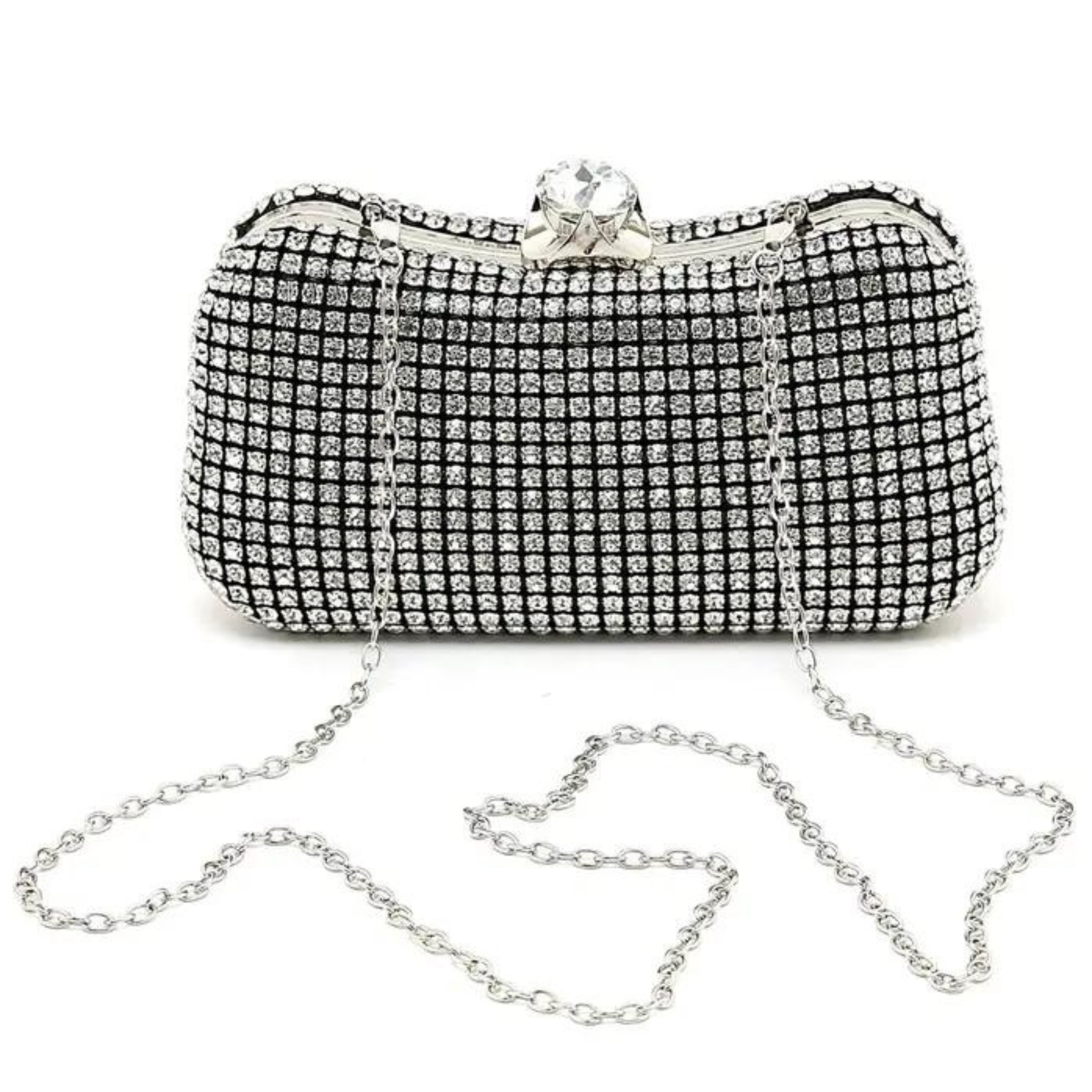 Crystal clutch bag by Peach Accessories featuring a shimmering design and elegant shape for formal occasions.