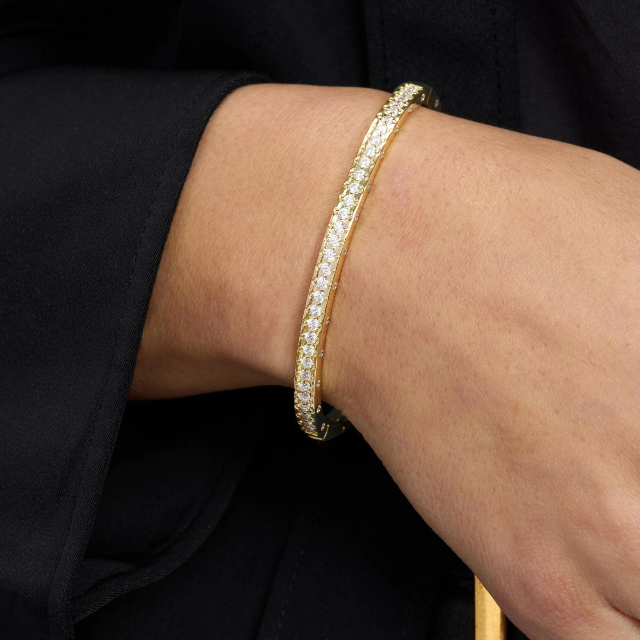 Gold Ashley Pavé Cuff Bracelet by Melinda Maria featuring 4mm white diamonettes and a sleek, minimalist design.