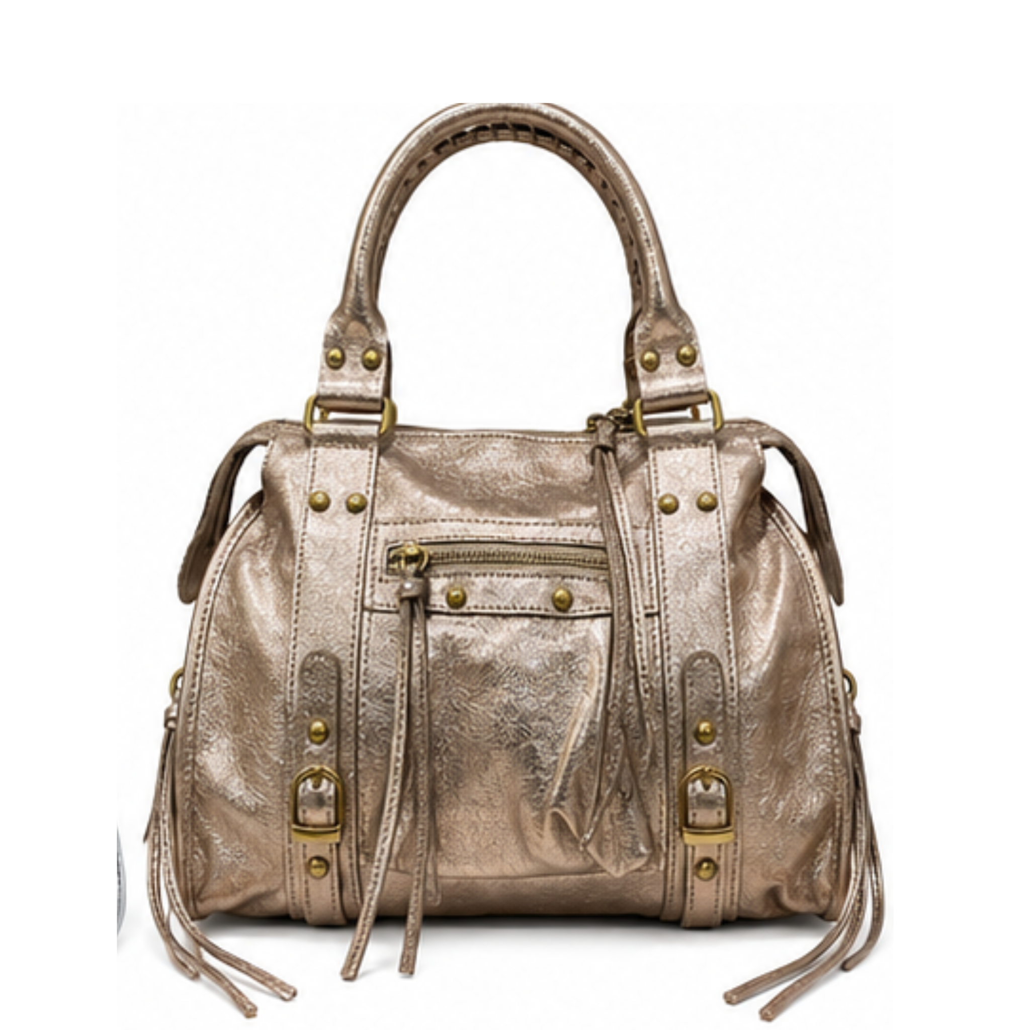 Metallic Moto Fringe Satchel Handbag