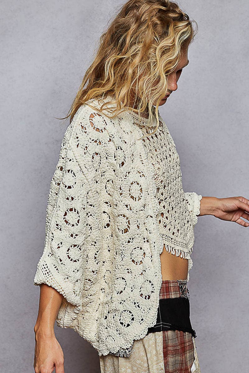 Pol Clothing long sleeve v-neck floral crochet chenille cardigan, lightweight top with floral pattern and cozy chenille fabric.