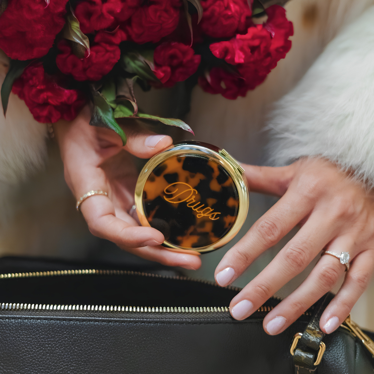 Solar Eclipse hand-painted drugs handbag hero pill compact mirror with colorful, detailed artwork on a sleek compact case.