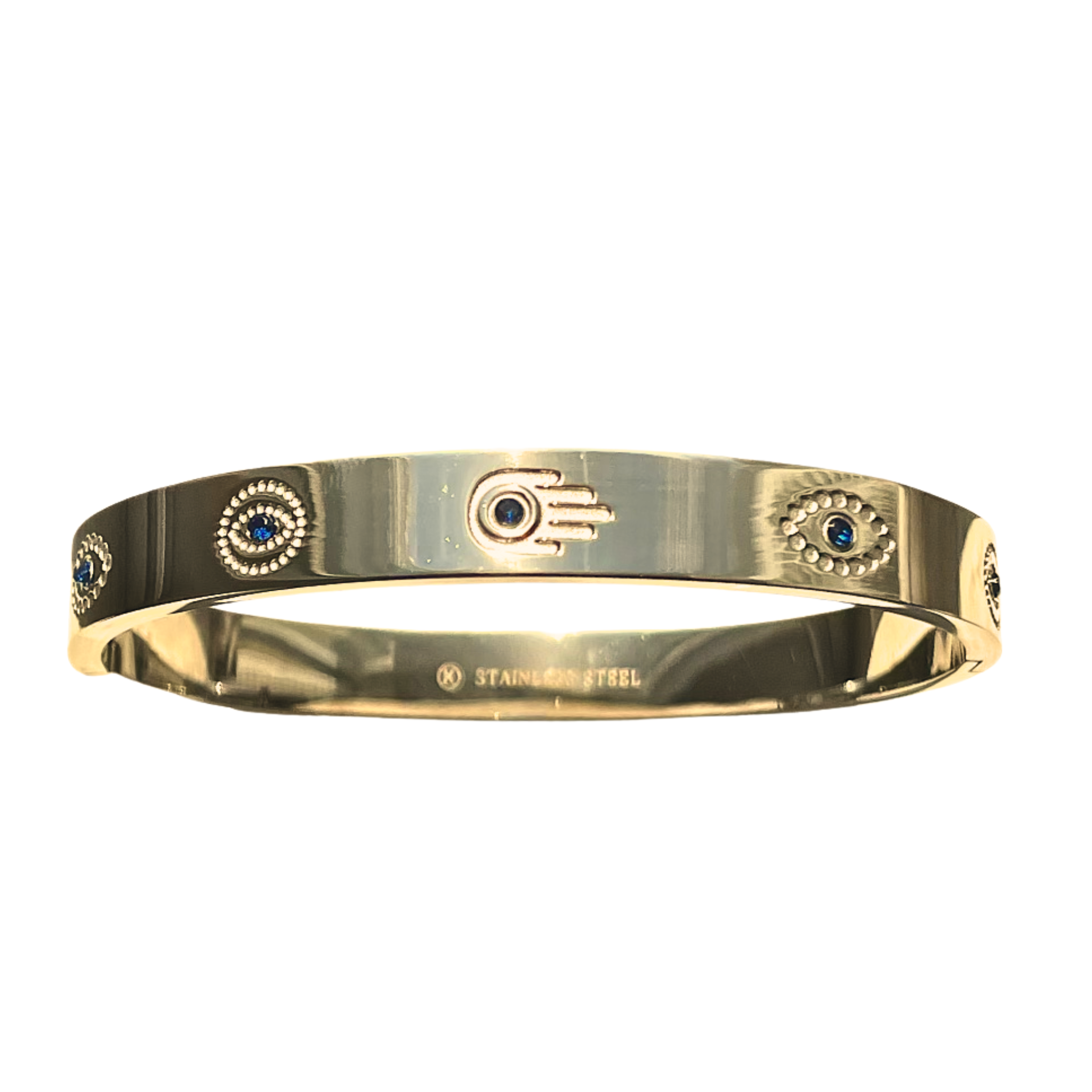Stainless steel Hamsa and evil eye bracelet with intricate design, stylish jewelry accessory from private label brand.