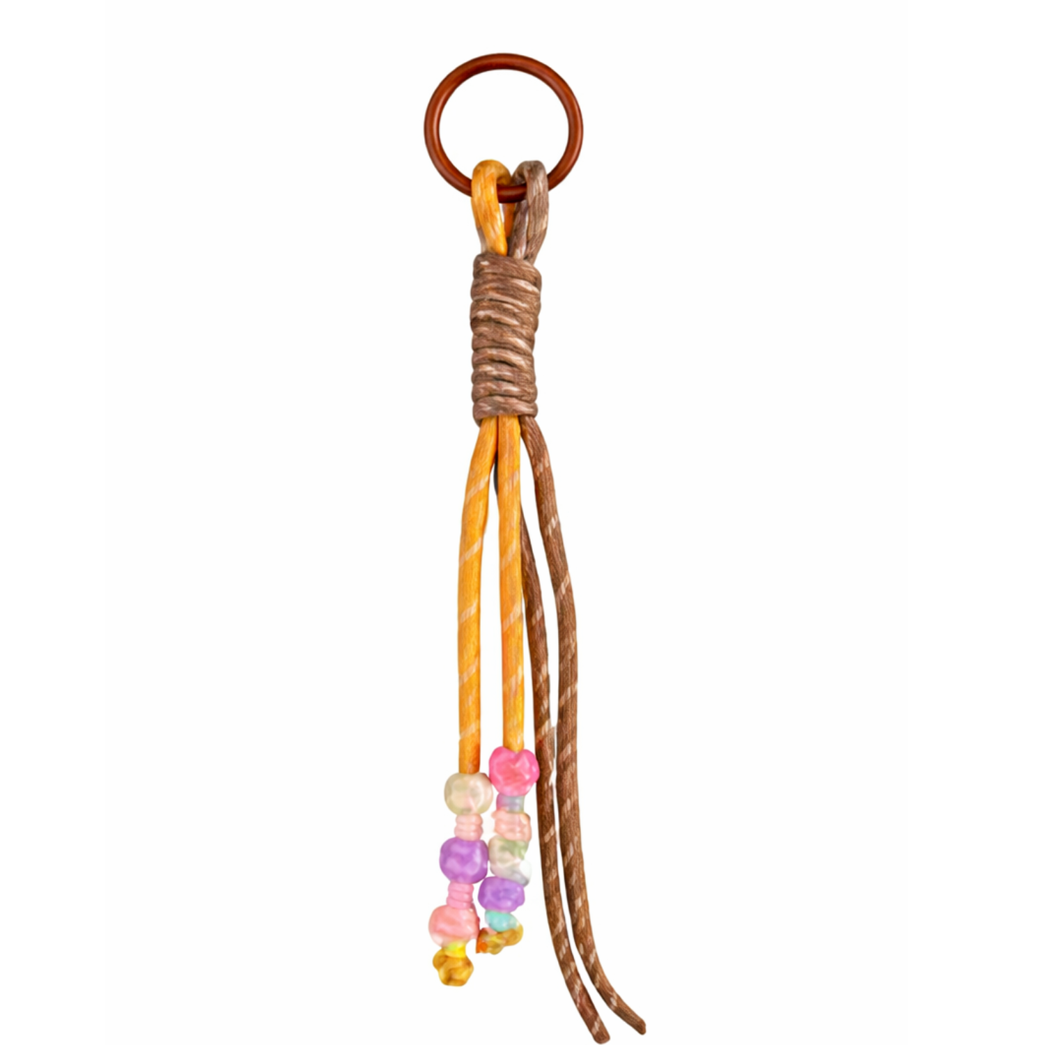 Colorful beaded knot rope bag charm keychain with playful design, featuring vibrant beads on a private label accessory.