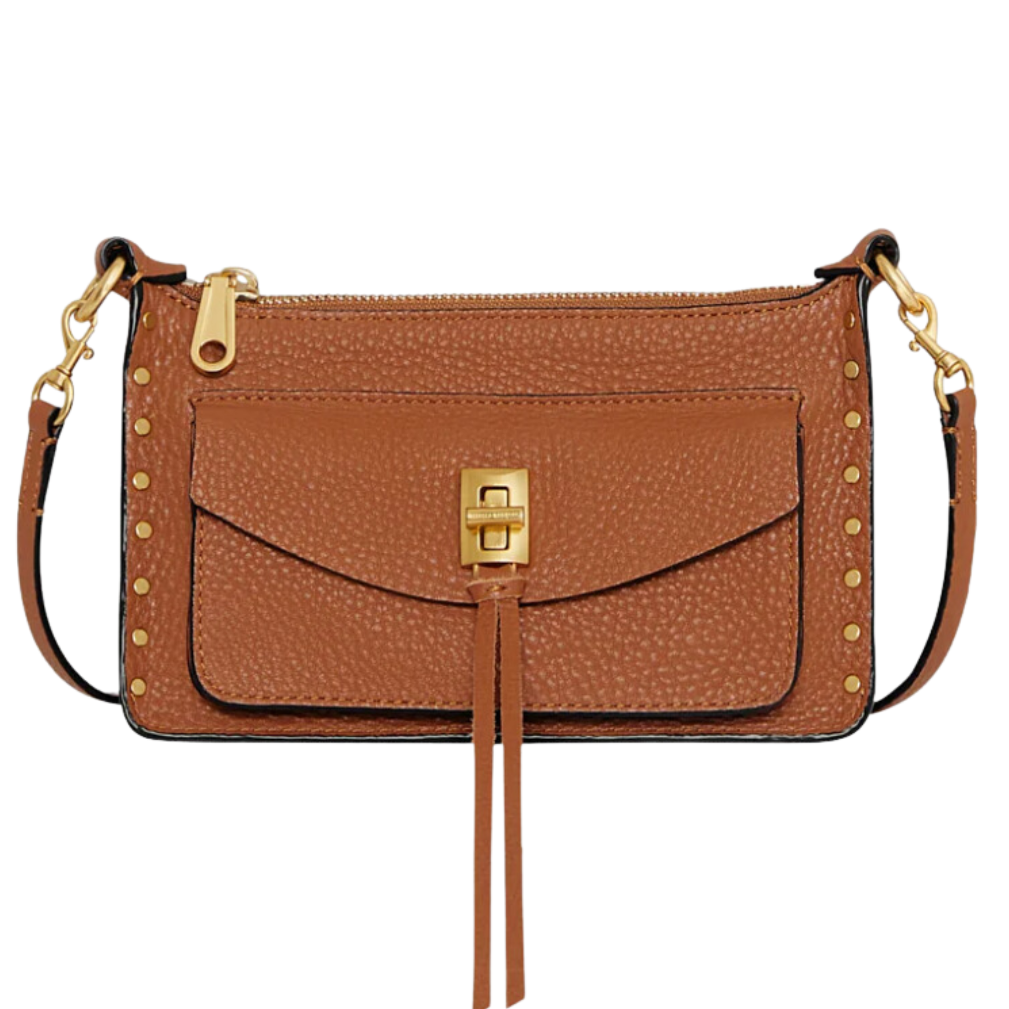 Rebecca Minkoff Darren Mini Top Zip Crossbody bag with adjustable strap and sleek design, shown in black leather.