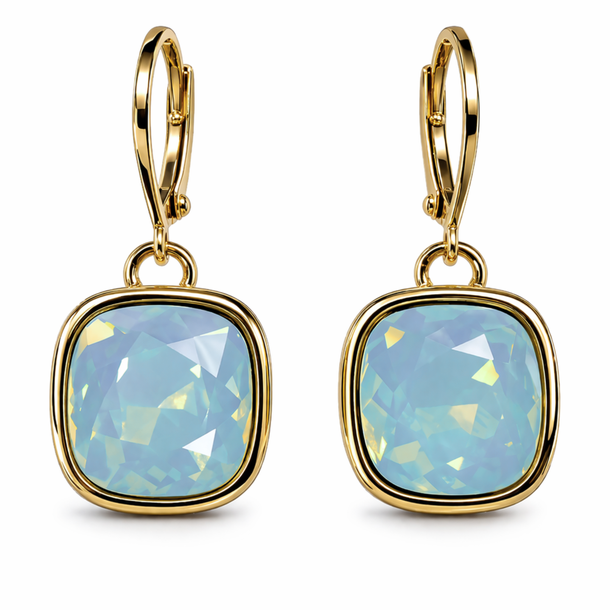Cathie Nilson framed drop earrings featuring geometric design and gold-tone finish, hanging from earlobes.