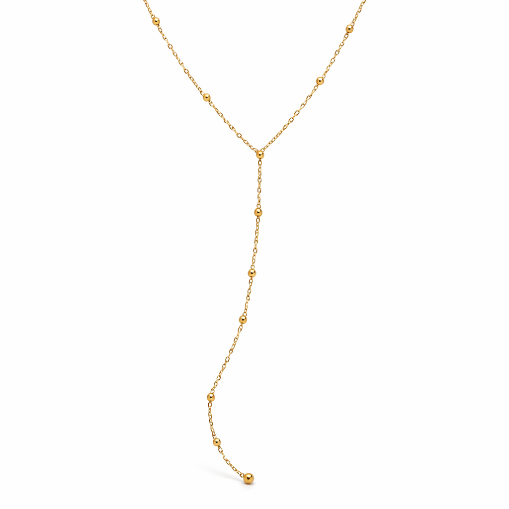 Private label Brisse 18K gold non-tarnish beaded Y lariat necklace with elegant dressy design and intricate beaded details.