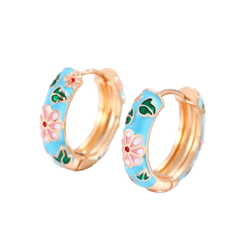 Vintage cloisonne enamel floral hoop earrings with colorful floral patterns and gold-tone accents, crafted by Private Label.