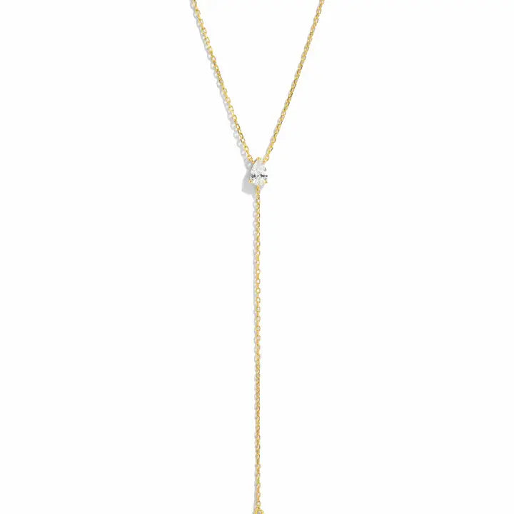 Sami Jewels Pear Lariat Necklace featuring a delicate pear-shaped pendant on a fine chain.