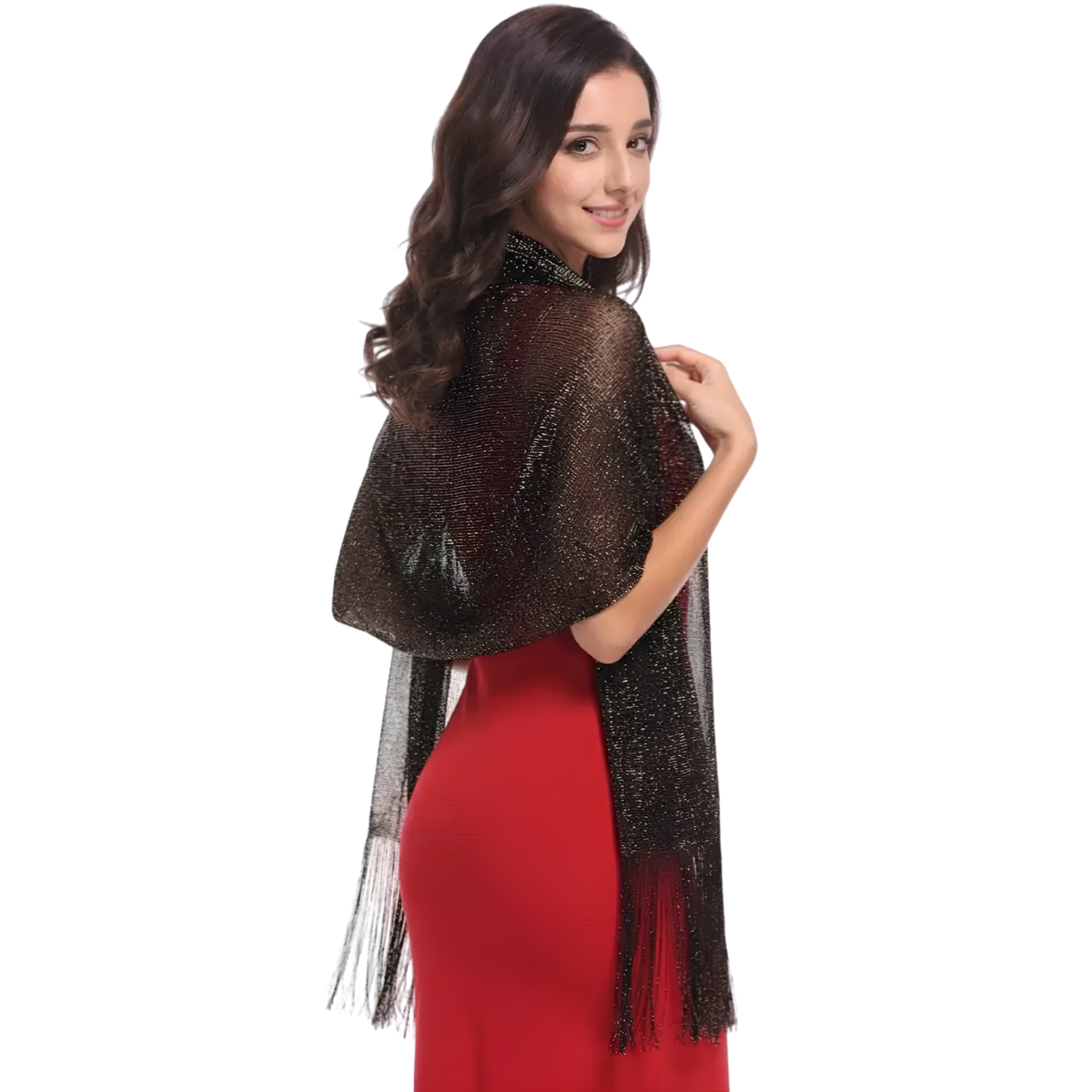 Lightweight metallic shimmering fringe evening shawl with elegant design, ideal as a stylish party scarf by Private Label.