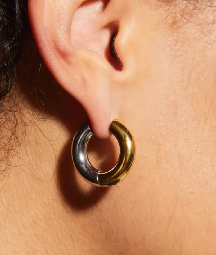 Two-tone earrings featuring a hinge French cleat closure, designed by Private Label for a stylish look.