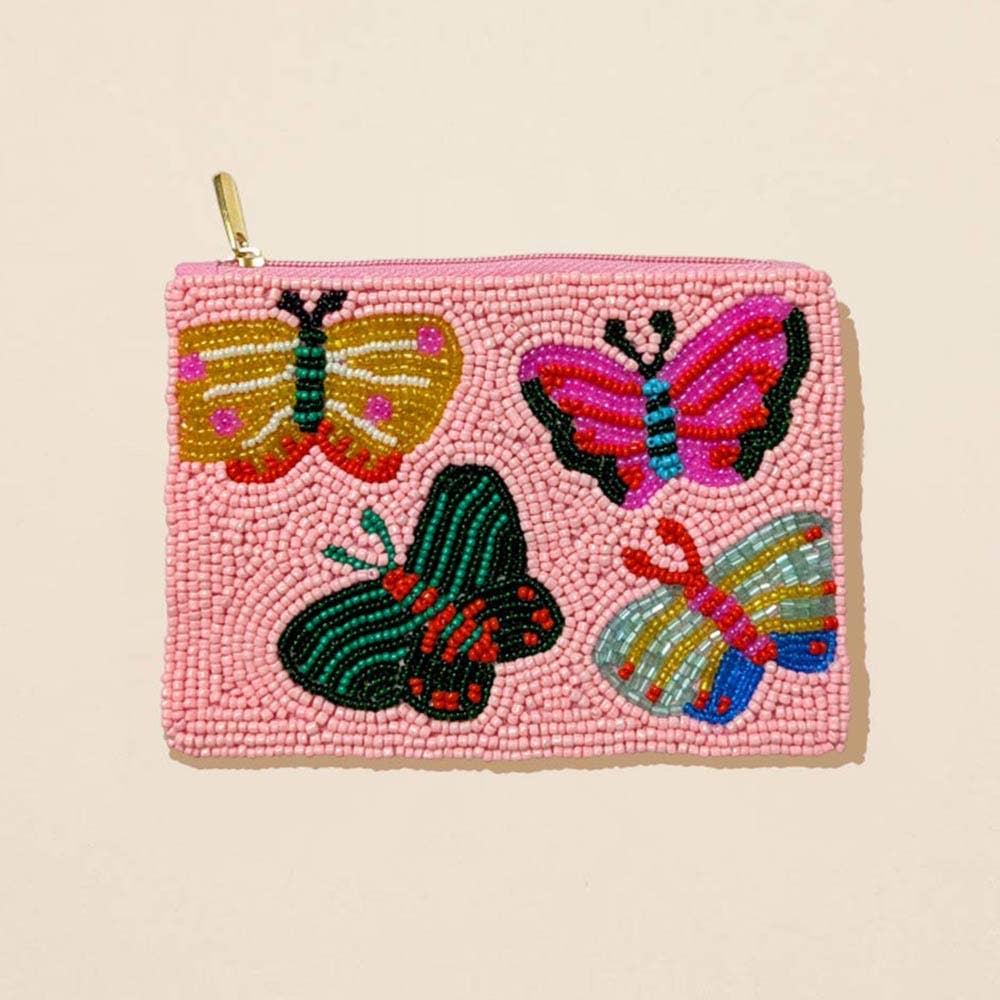 Colorful butterfly seed beaded mini pouch bag with a zipper, perfect for holding small essentials and accessories.