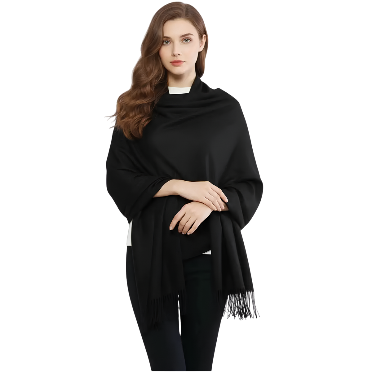 Private label solid color pashmina scarf shawl draped over a model, showcasing lightweight, soft fabric and versatile style.