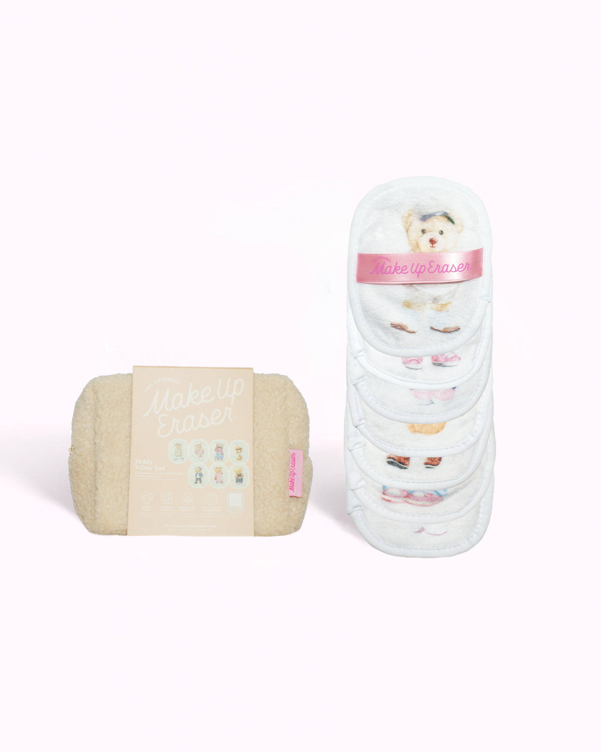 Skincare teddy bear 7-day gift set from The Original MakeUp Eraser, featuring plush bear and skincare products arranged together.